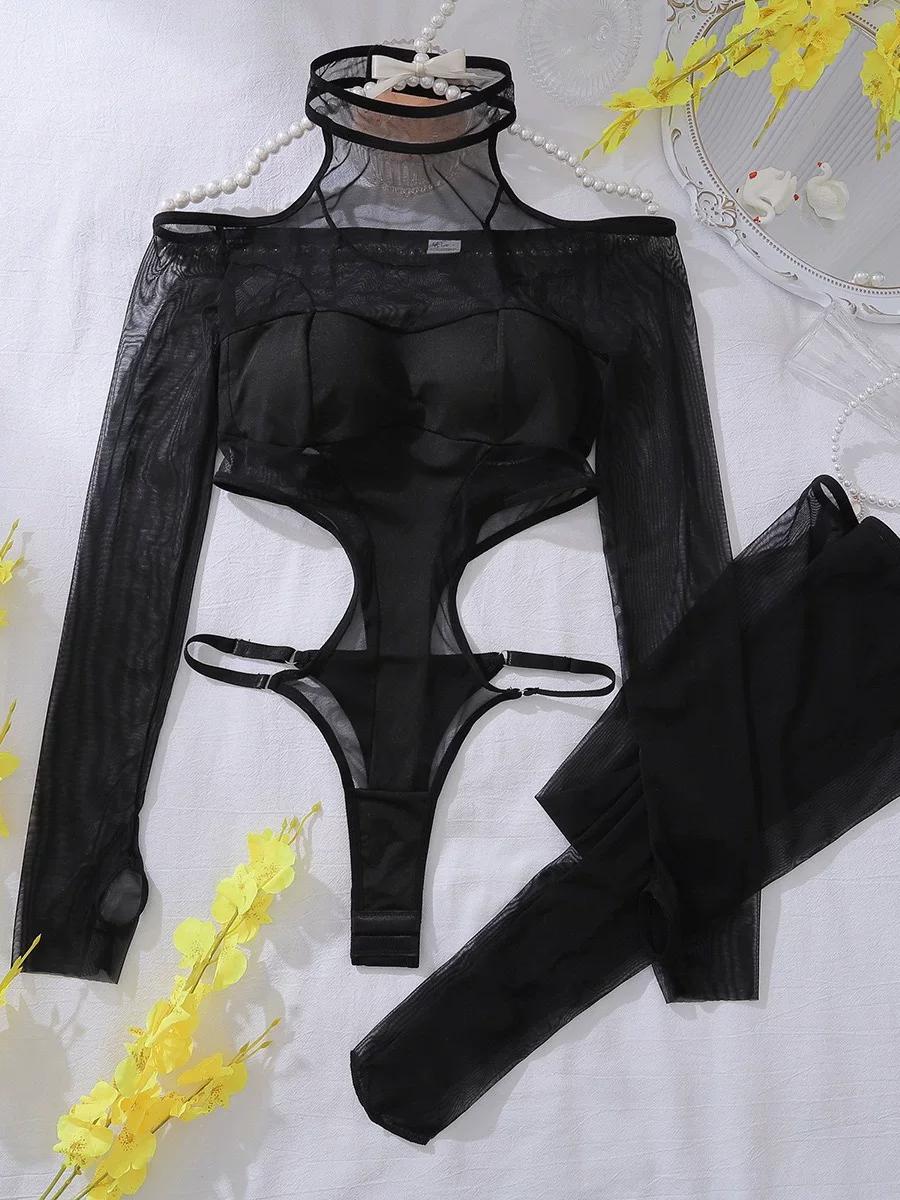 Mock-neck collar detail of black sheer mesh bodystocking showing cold-shoulder sleeve suspension from collar band