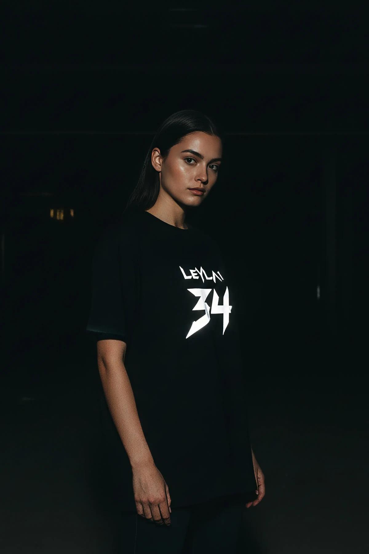 Oversized black graphic t-shirt back view showing drop-shoulder silhouette and elongated hem length