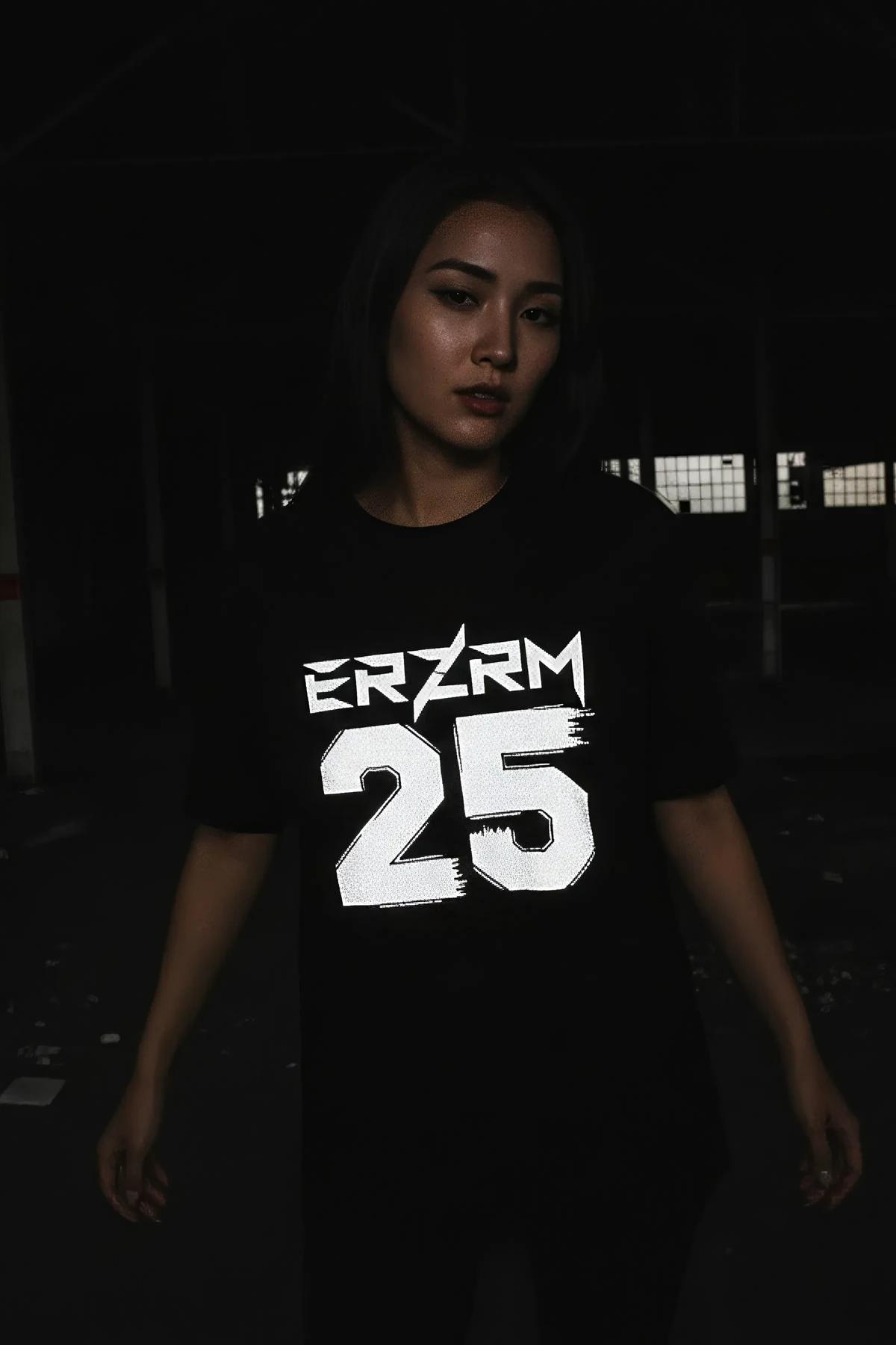 close-up of reflective ERZRM 25 brushstroke graphic on black oversized t-shirt chest