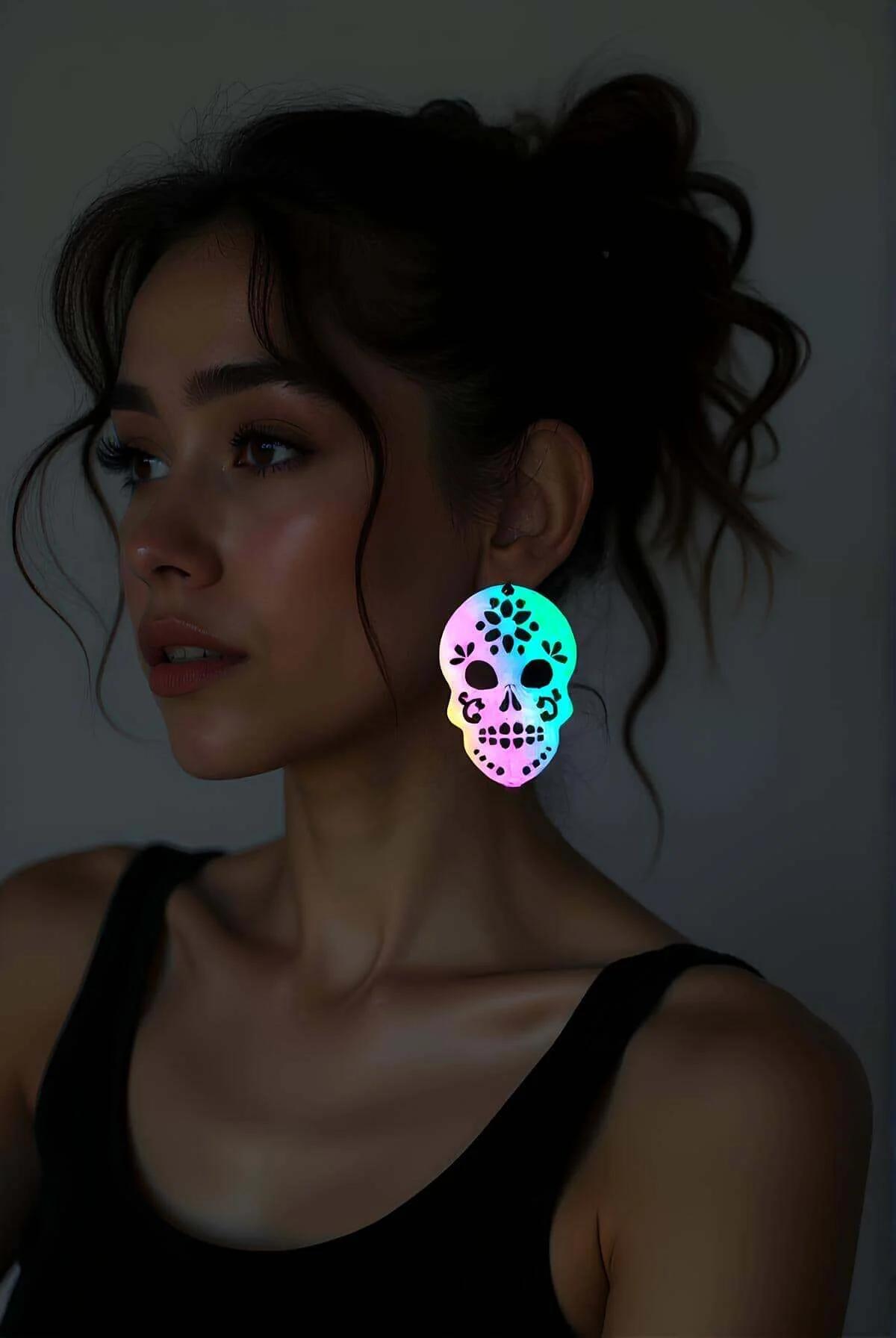 Rainbow holografik reflektörlü kurukafa lazer kesim gotik küpe pembe sarı yeşil mavi renk geçişli