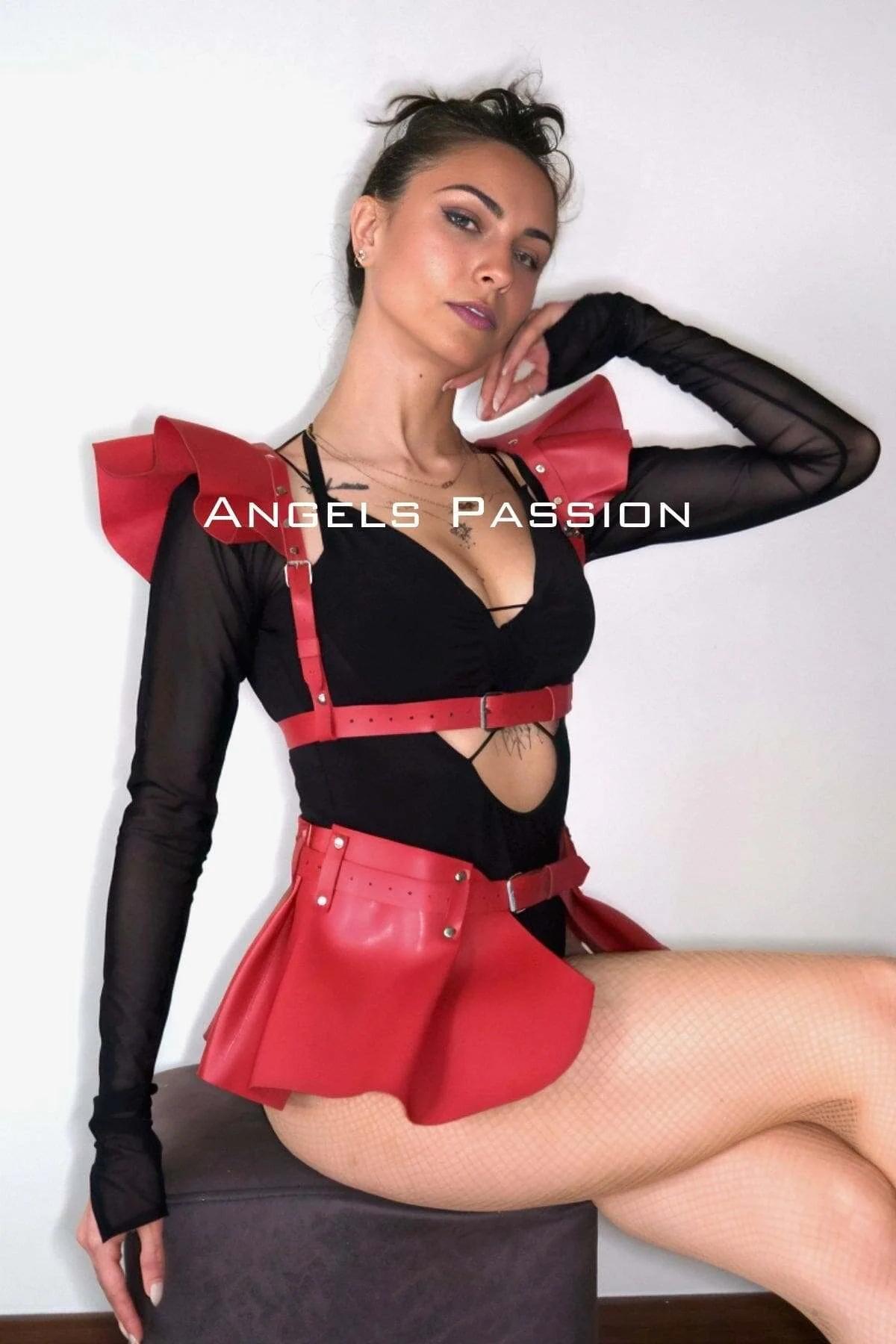 Red PU leather hip belt mini skirt panel with stud trim and single-pin buckle closure