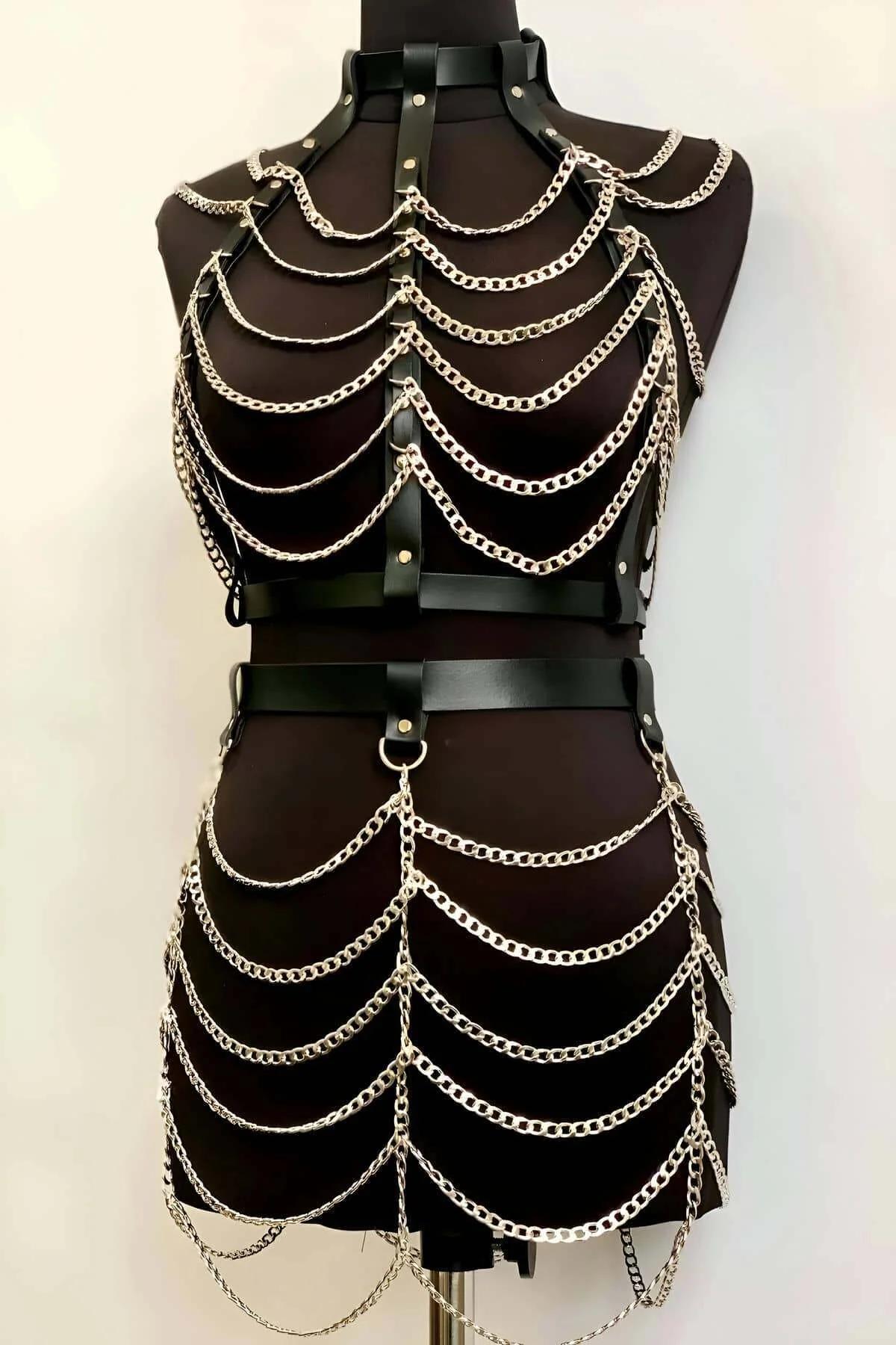 Chained Faux Leather Body Harness Top & Skirt Set