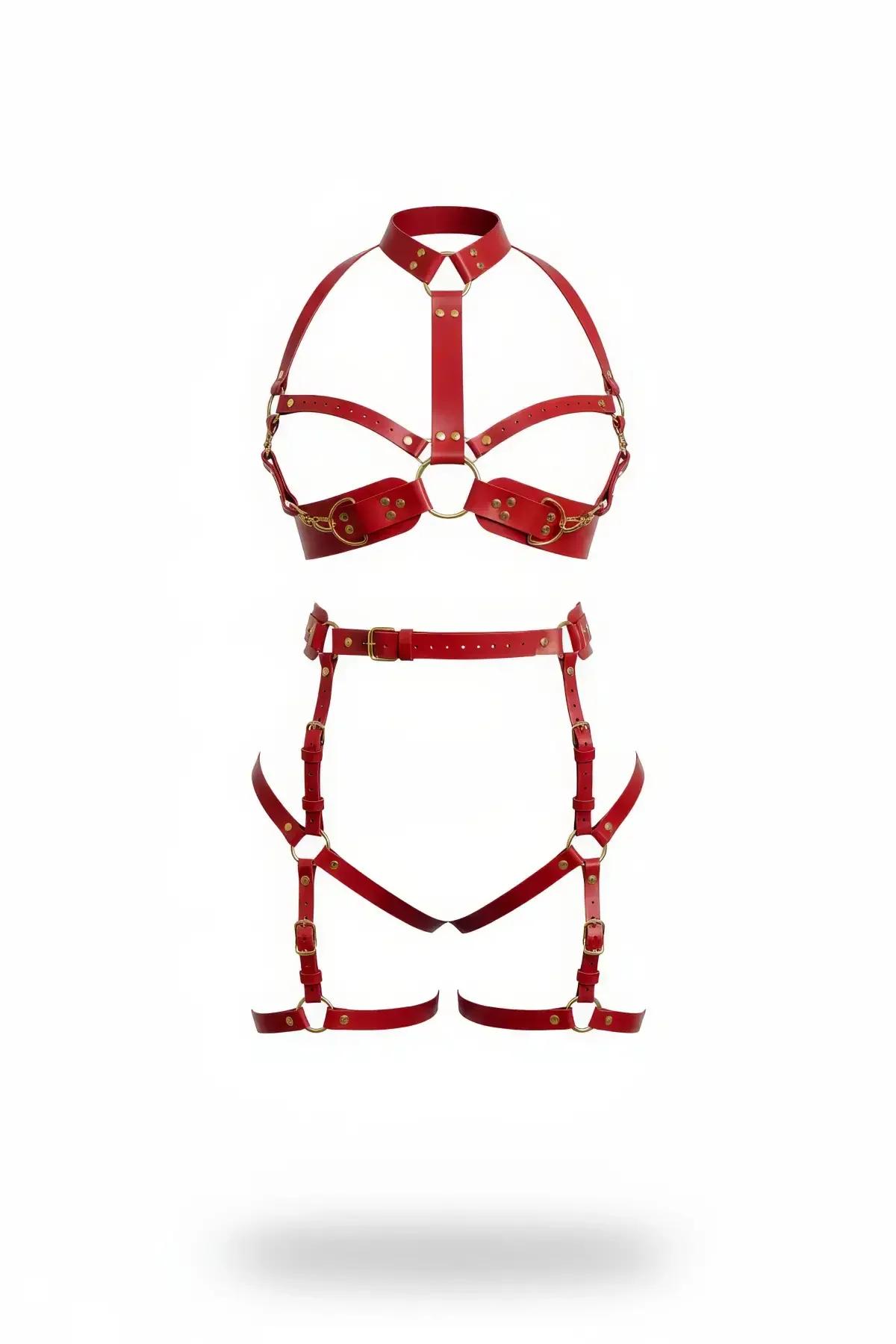 kırmızı suni deri harness takım altın tokalı zincir detaylı iki parçalı set, göğüs ve bel-uyluk kayışları