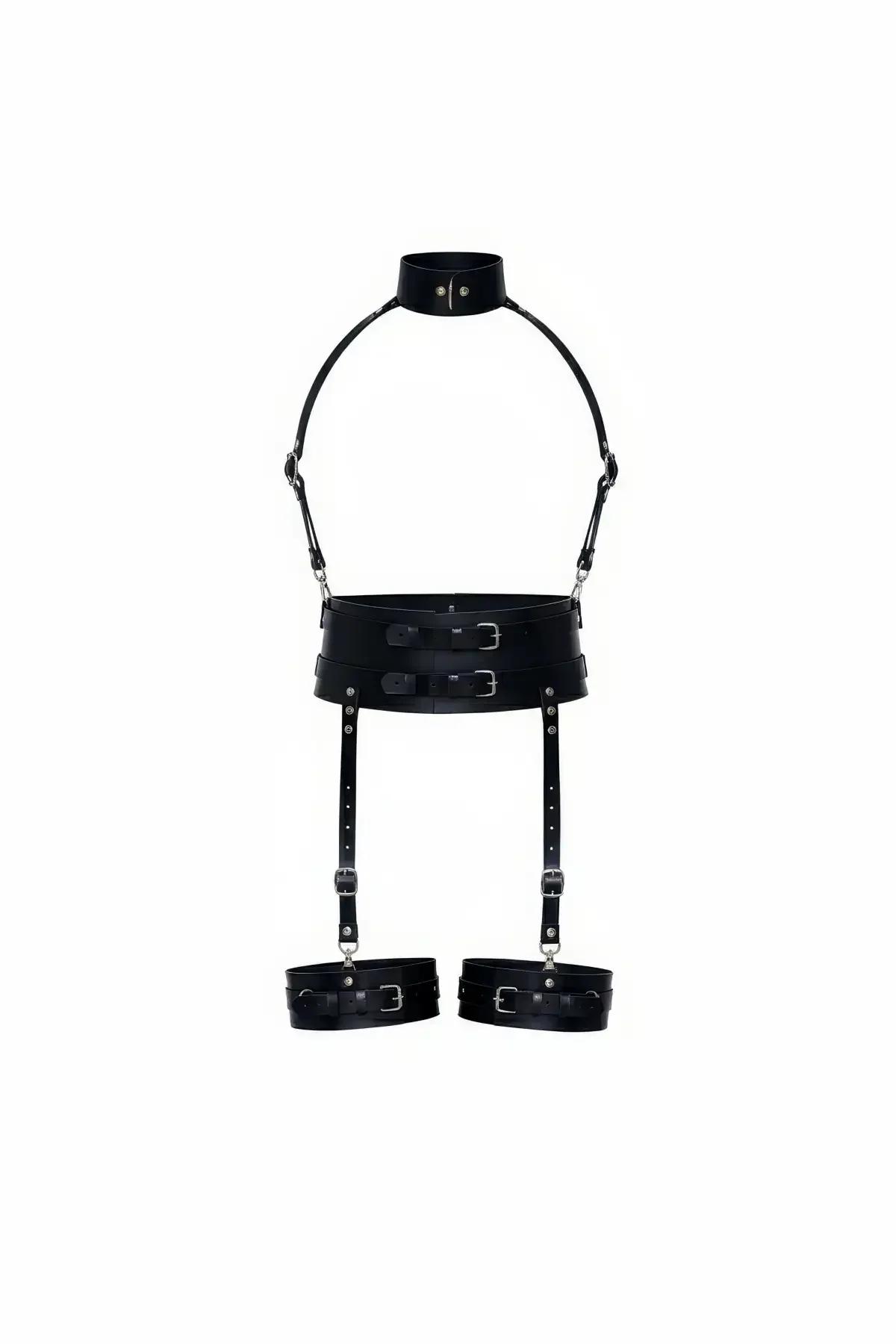 siyah suni deri harness takım geniş çift tokalı bel kemeri boyunluk ve bacak manşeti gümüş toka detaylı