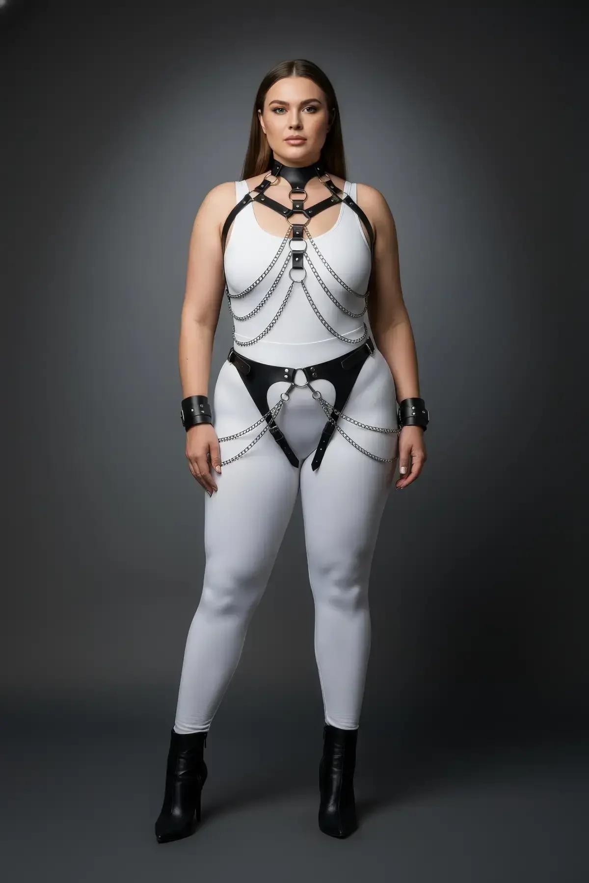 siyah PU deri harness göğüs bandı gümüş metal zincir detayı yakın çekim büyük beden