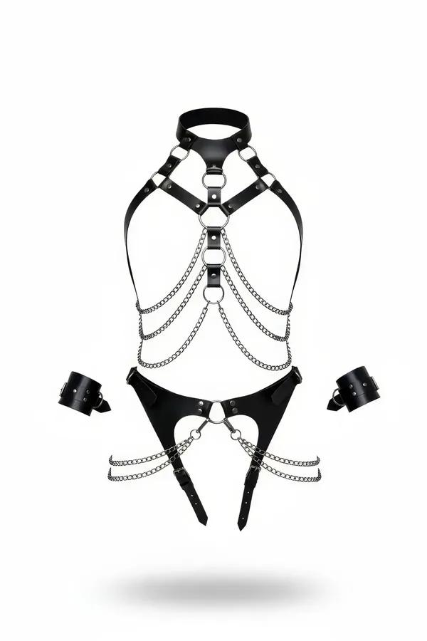 siyah vegan deri harness takım boyunluklu gümüş zincir detaylı O-ring tokalı bilek kelepçe seti