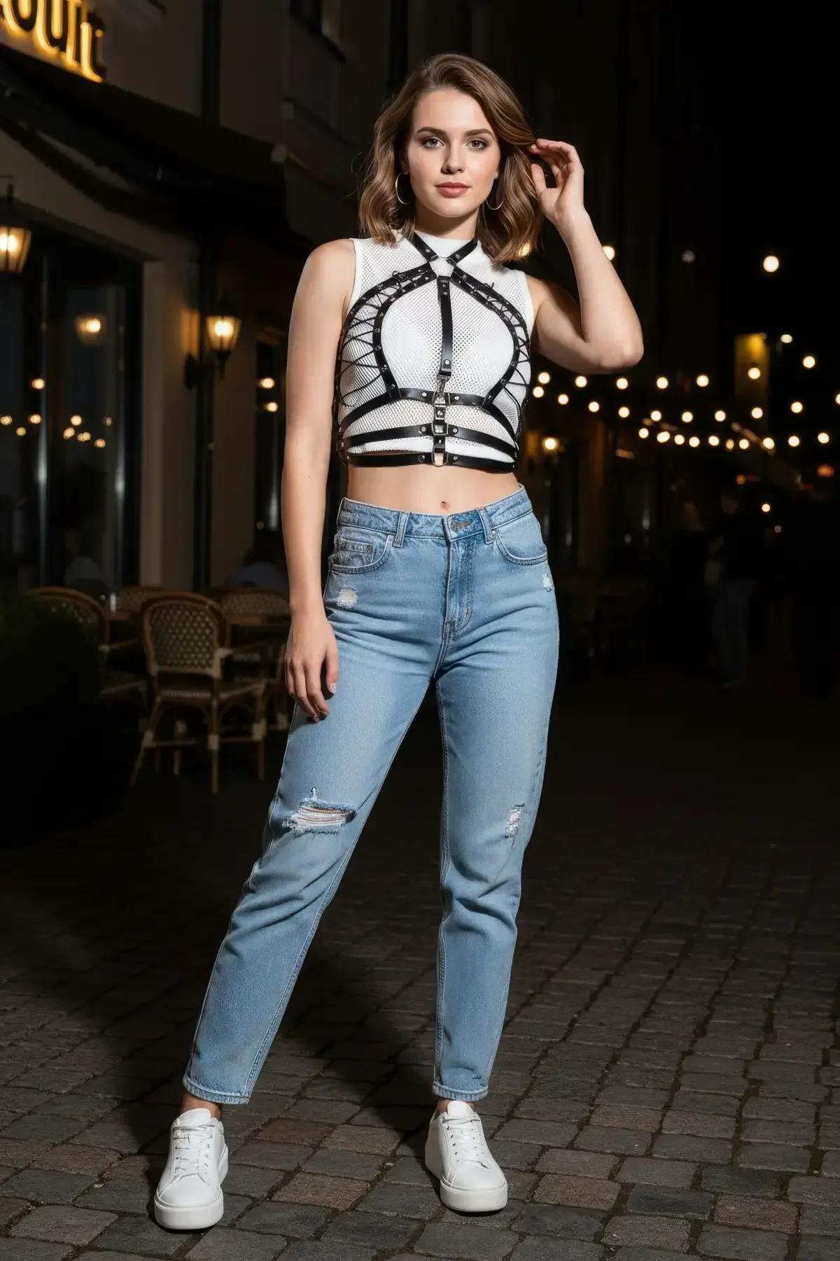 siyah PU deri harness yatay bantlar ve gümüş O-ring toka ön görünüm