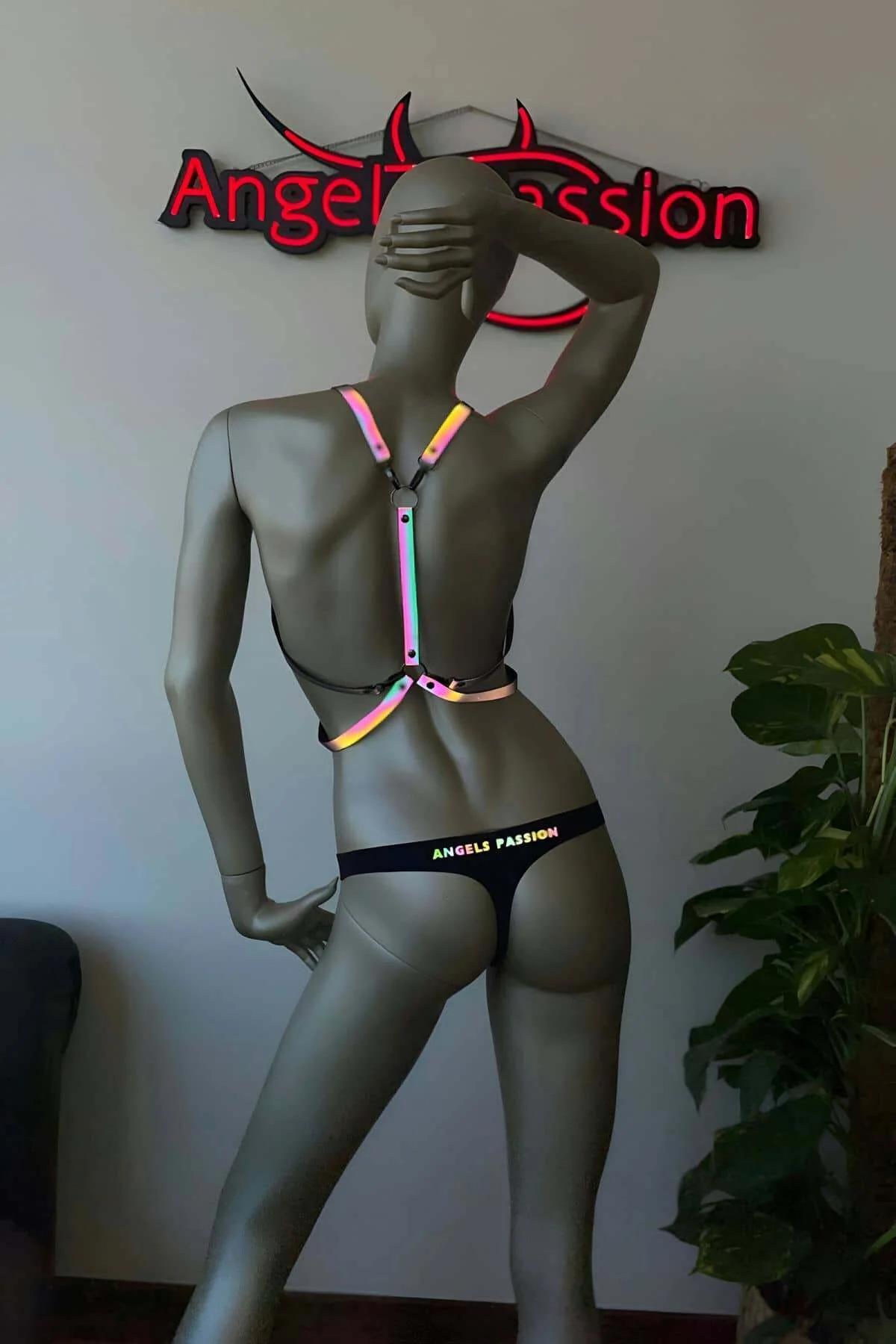 Front cage configuration of rainbow iridescent harness showing square zinc alloy connector hardware