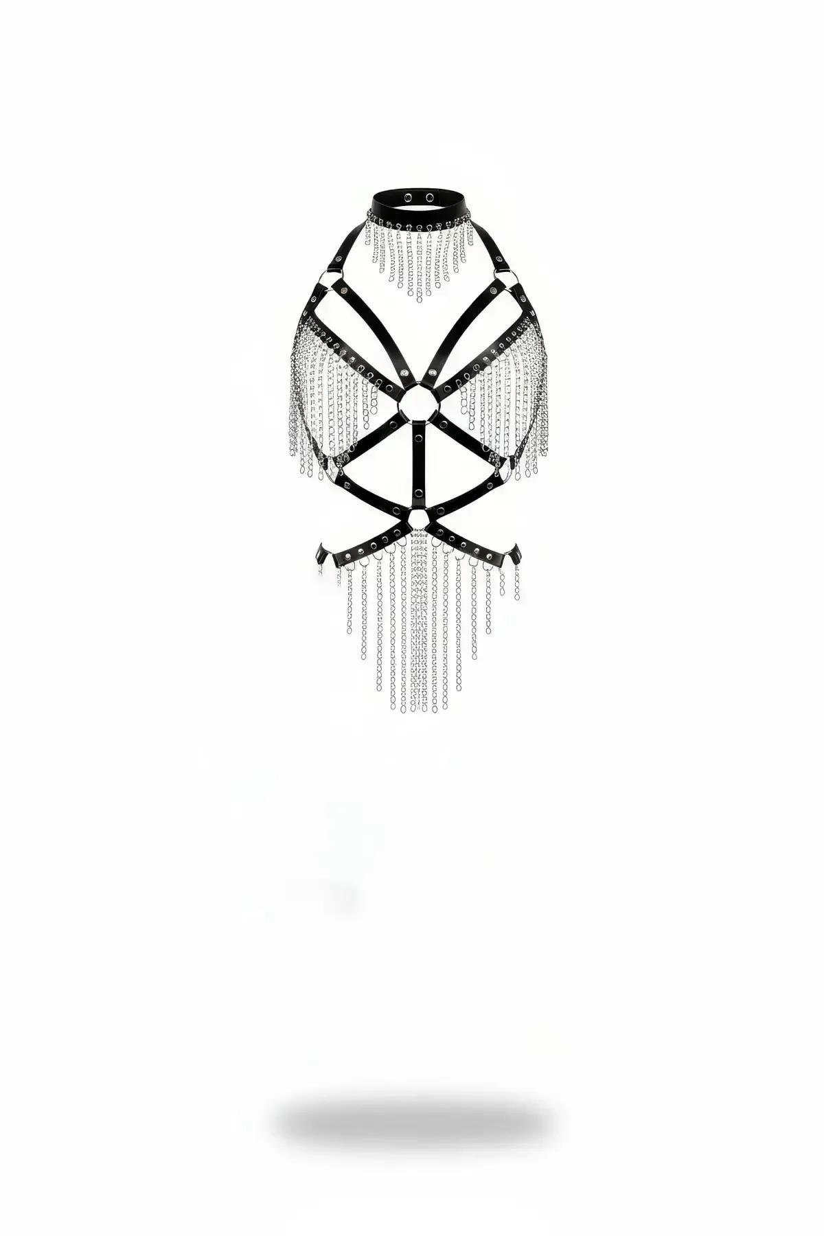 Siyah vegan deri body harness choker yaka gümüş zincir saçaklı O-ring detaylı aksesuar