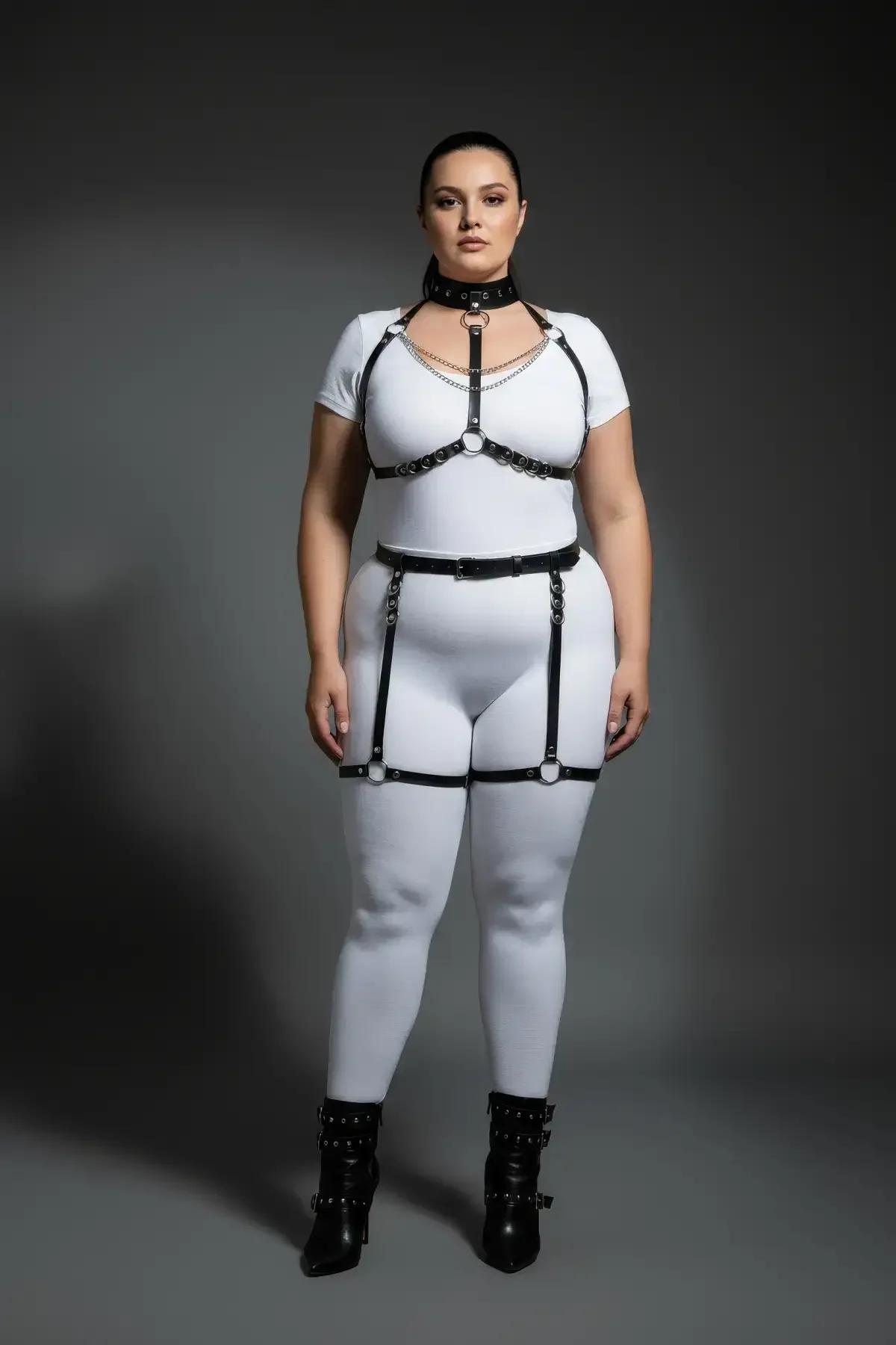 siyah deri harness boyunluk yaka parçası nikel kaplı metal toka yakın çekim