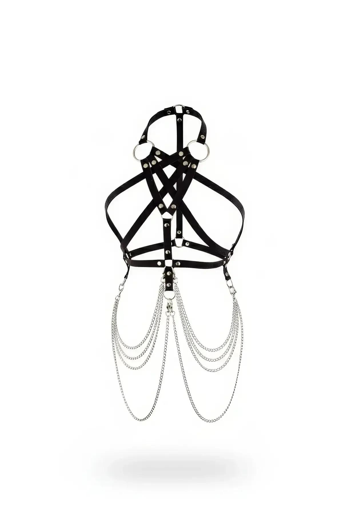 Zincir detaylı siyah vegan deri vücut harness aksesuarı gümüş O-halka ve sarkık zincir bantlı