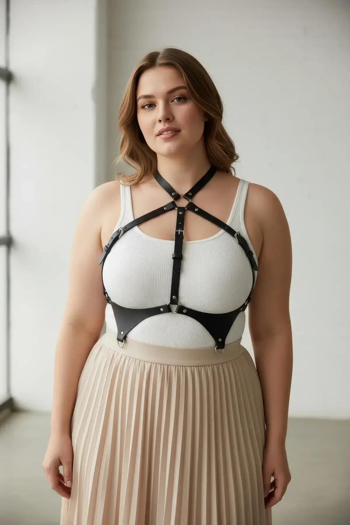 siyah vegan deri harness bel bandı ve gümüş toka detayı büyük beden