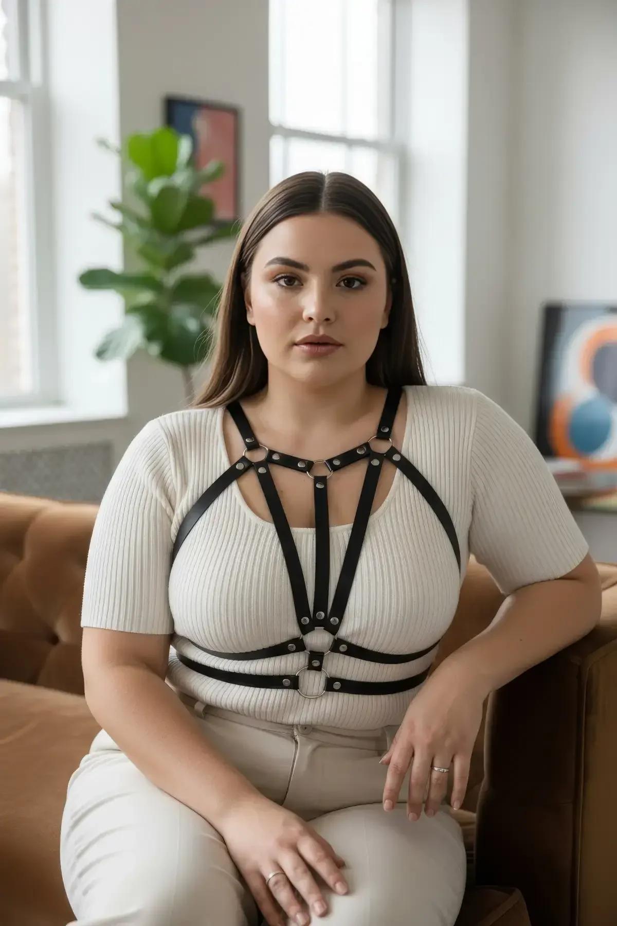 büyük beden vücut harness beyaz bluz üzerine sokak kombini