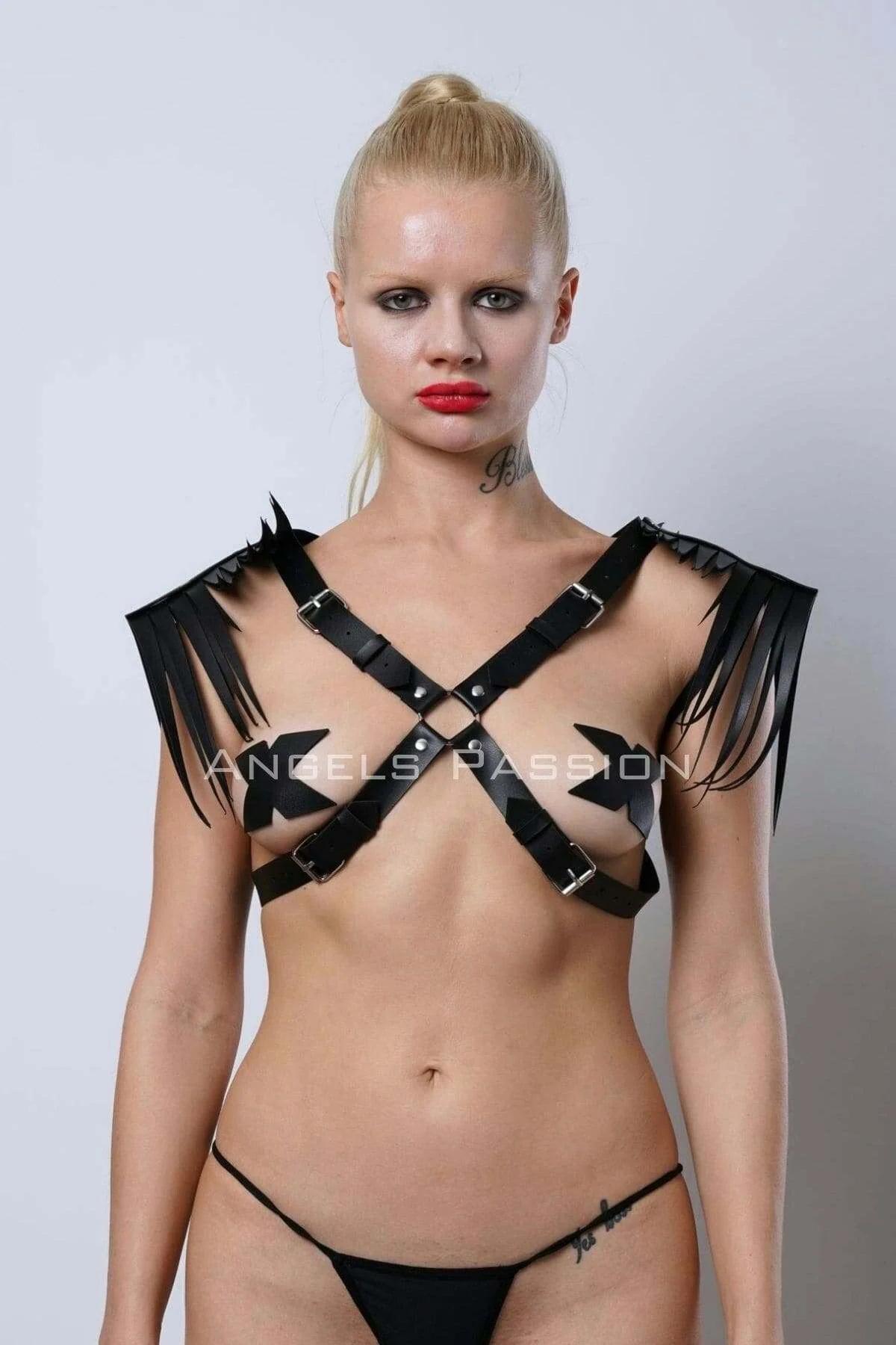 Black Faux Leather Shoulder Harness with Fringe