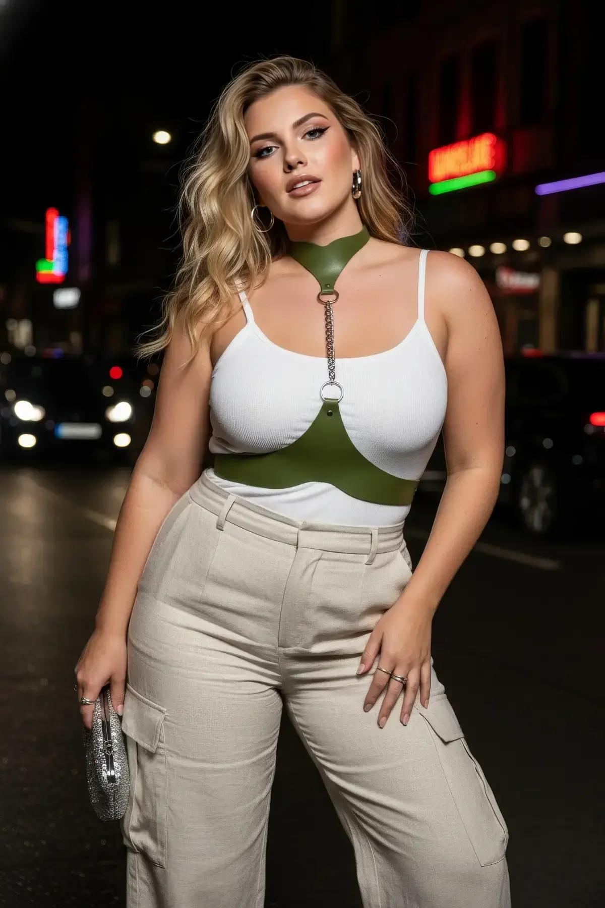 büyük beden haki harness beyaz crop top üzerinde kombinlenmiş yan açı görünüm