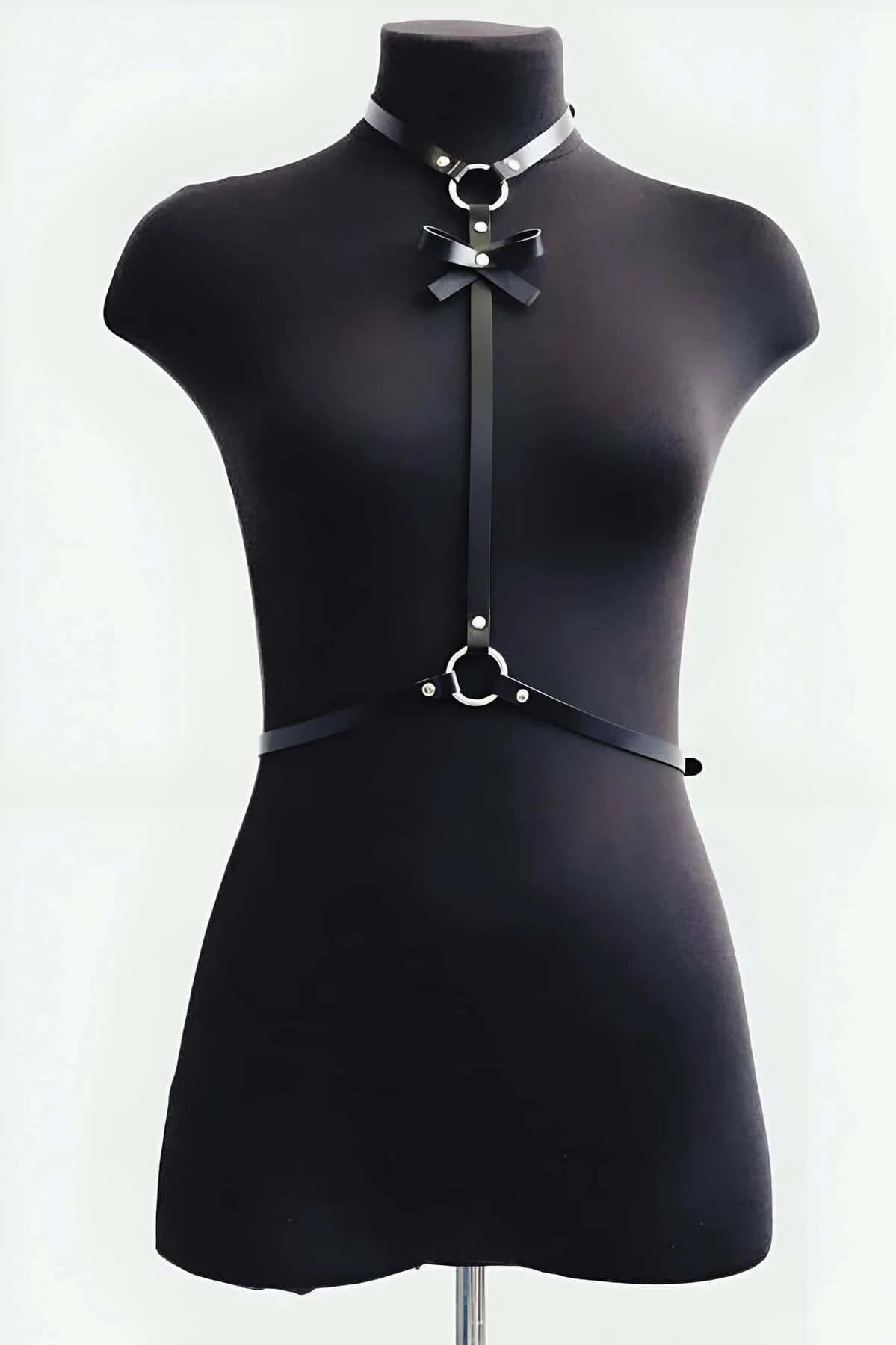 Black PU leather chest harness adjustable neck band and vertical strap detail