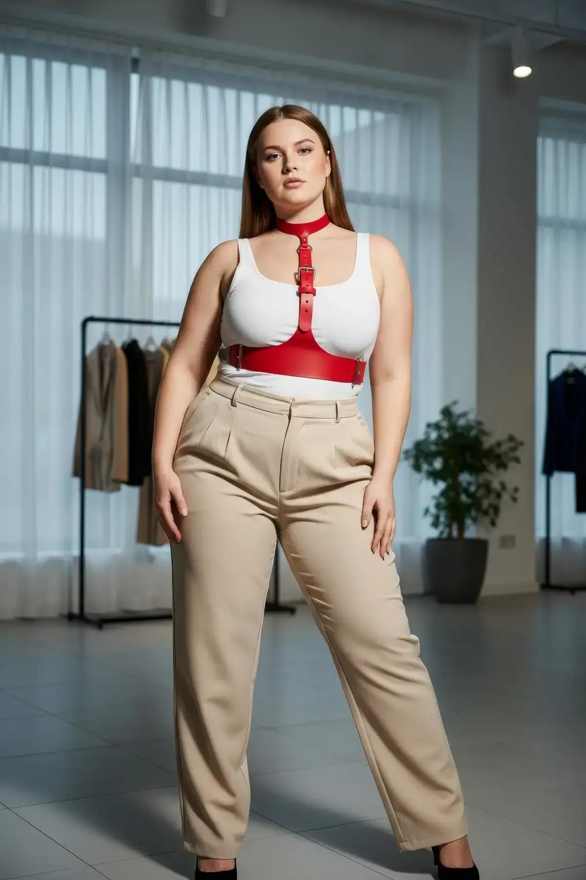 kırmızı choker askılı korse aksesuar beyaz crop top üzerinde