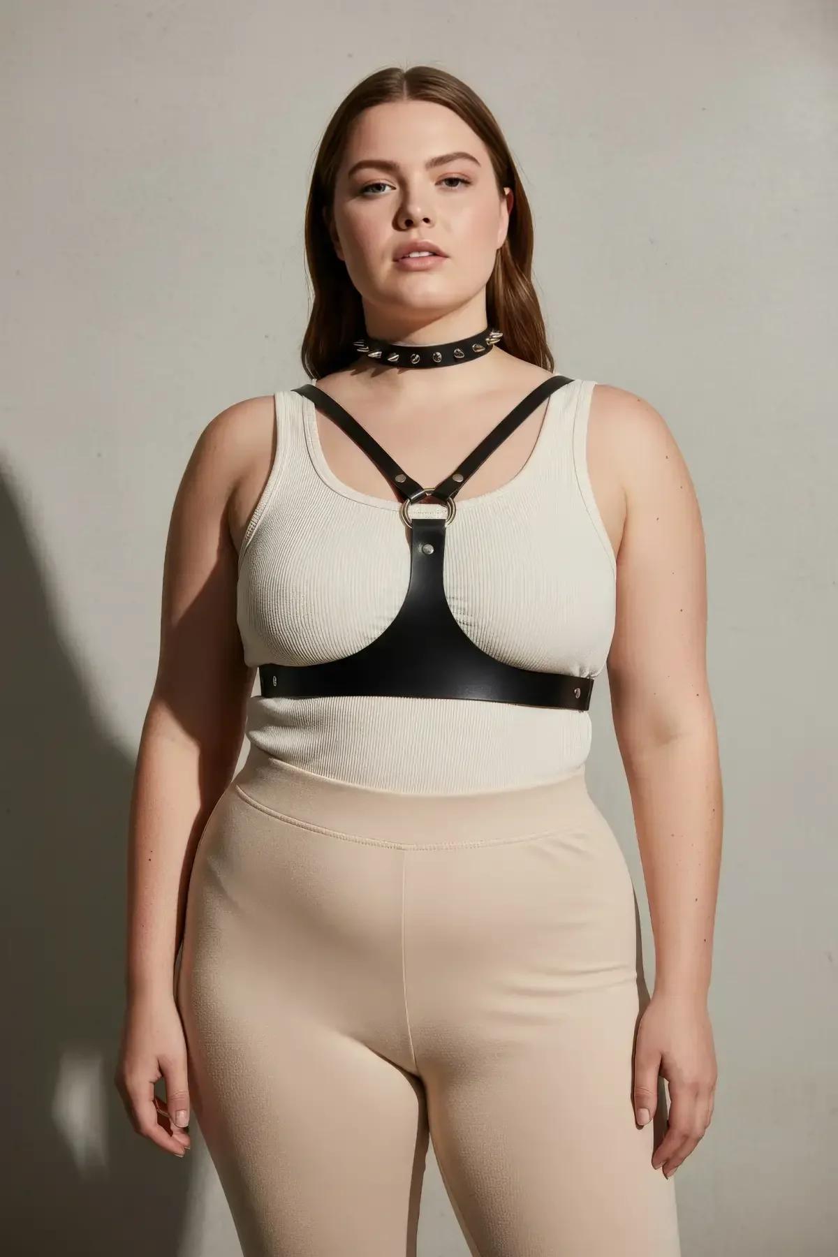 büyük beden kadın siyah vegan deri harness krem ribana üstü kombin