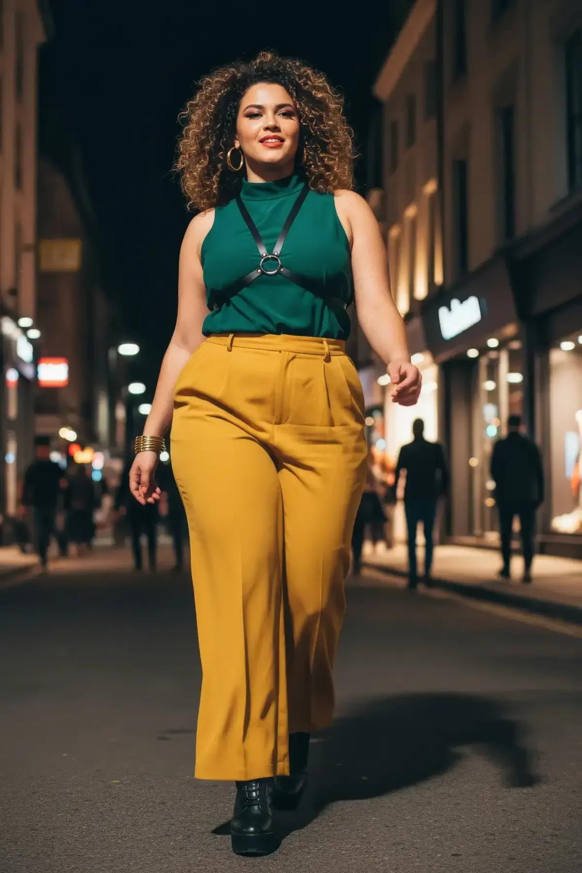 büyük beden siyah harness bej pantolon beyaz tişört sokak kombin stili