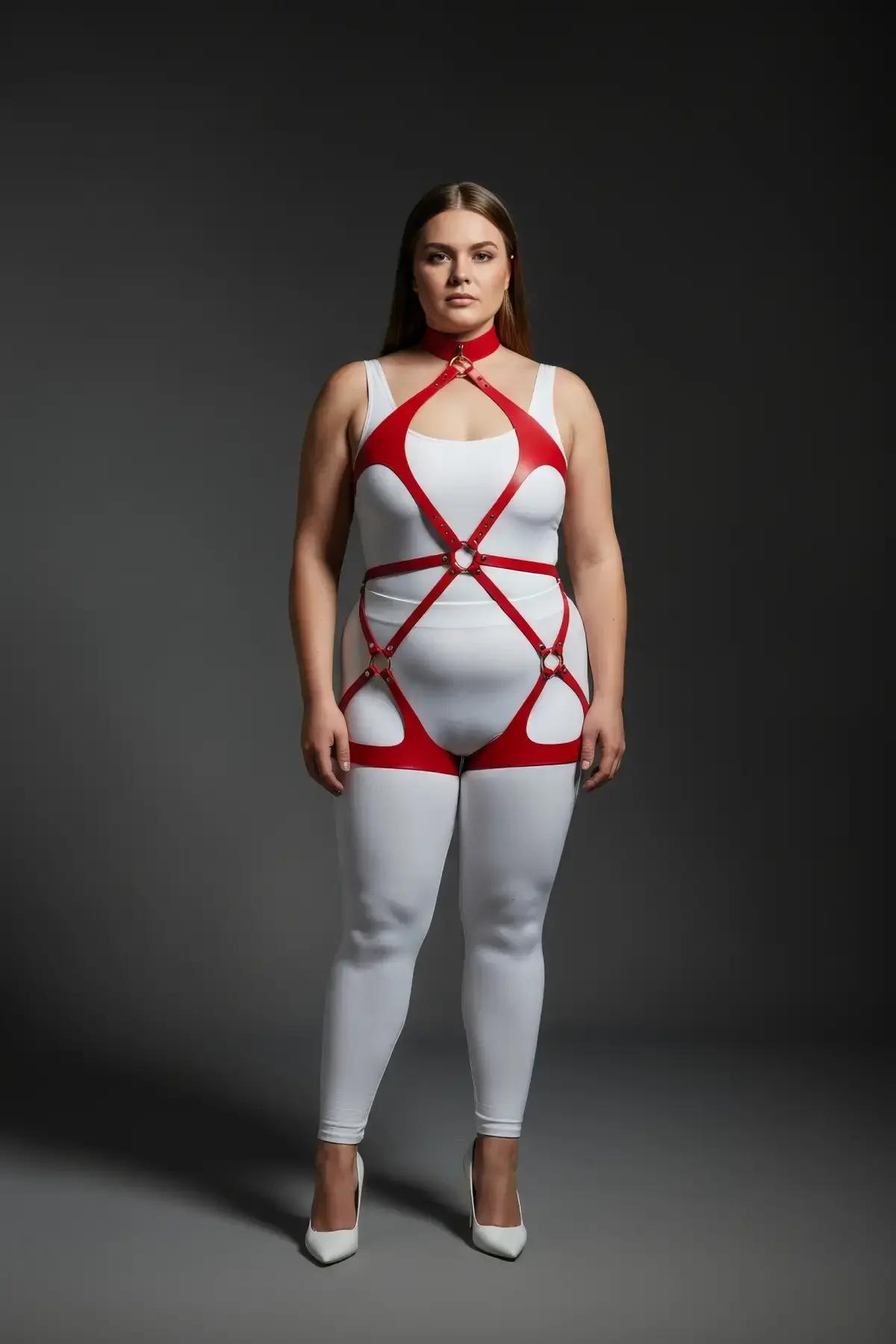 kırmızı fantezi harness takım choker boğaz bandı ve göğüs çapraz bantları detayı