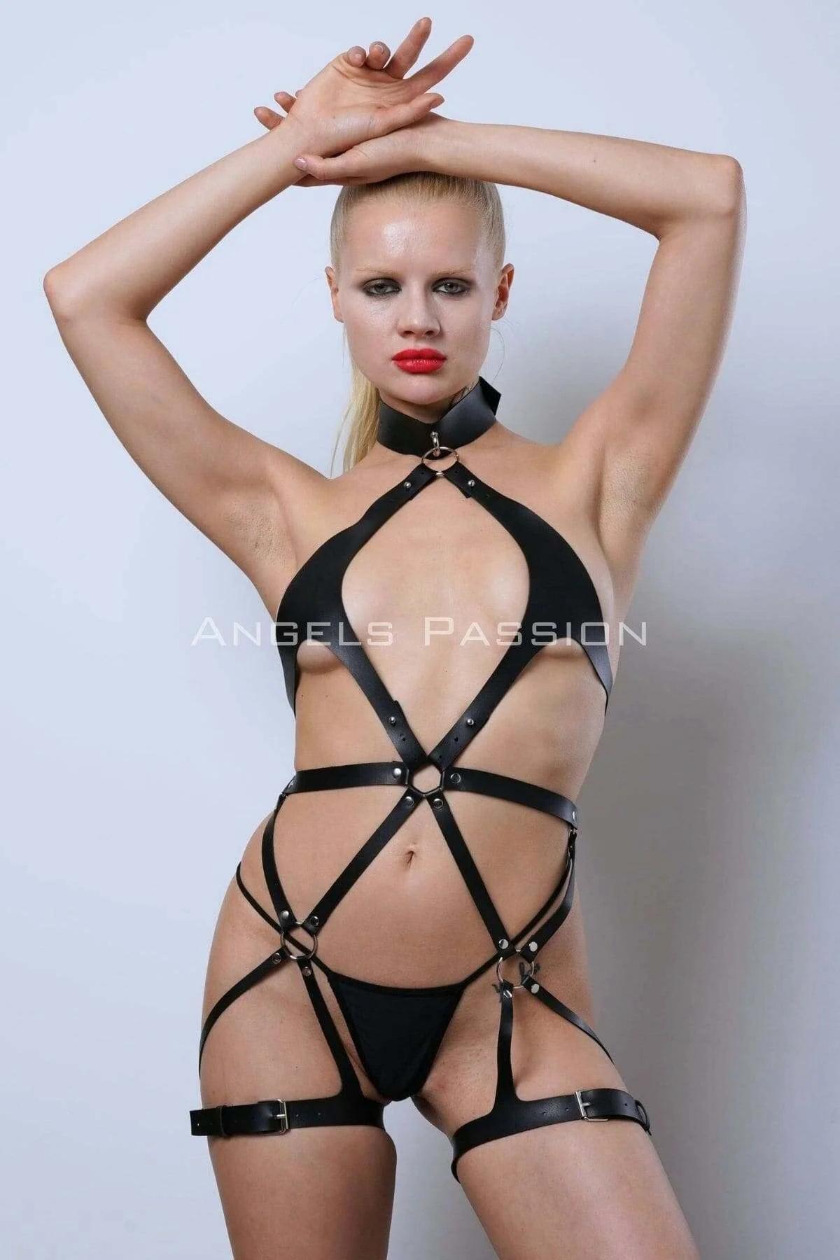 Black faux leather thigh cuffs with pin-buckle adjustment on upper leg straps