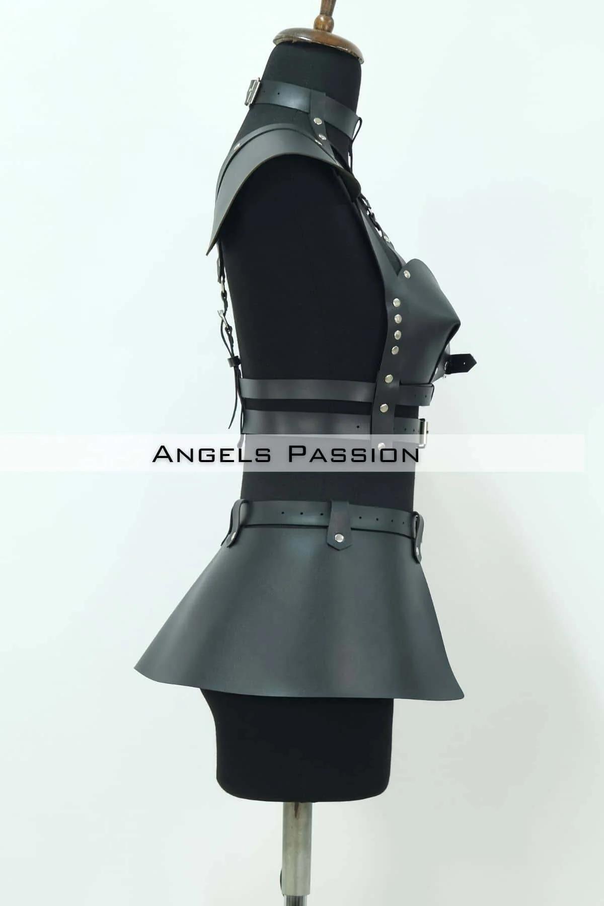 Back view of black full body harness showing choker collar closure and rear skirt panel construction
