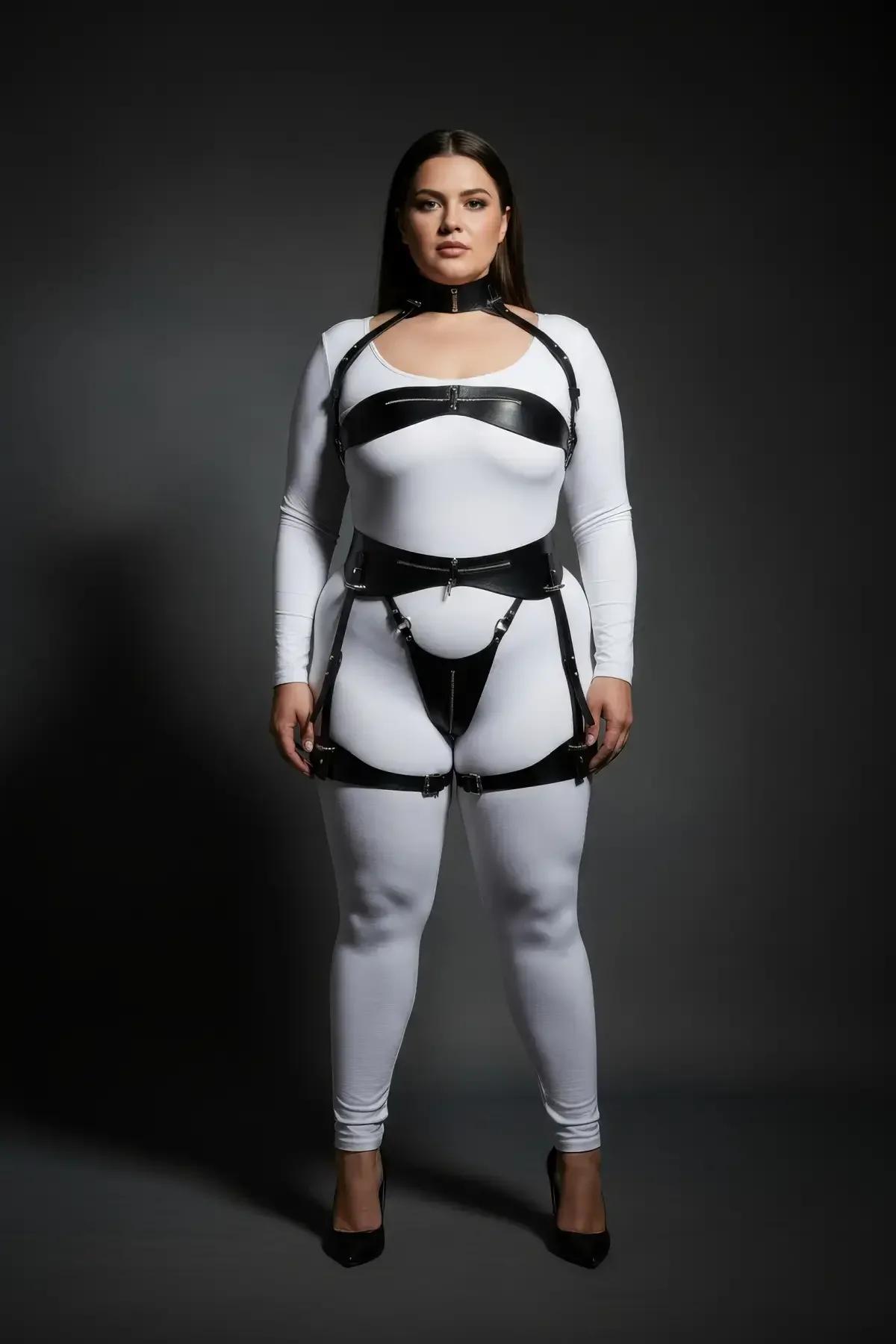 üç parçalı siyah harness takım yan profil ayarlanabilir kayış detayı