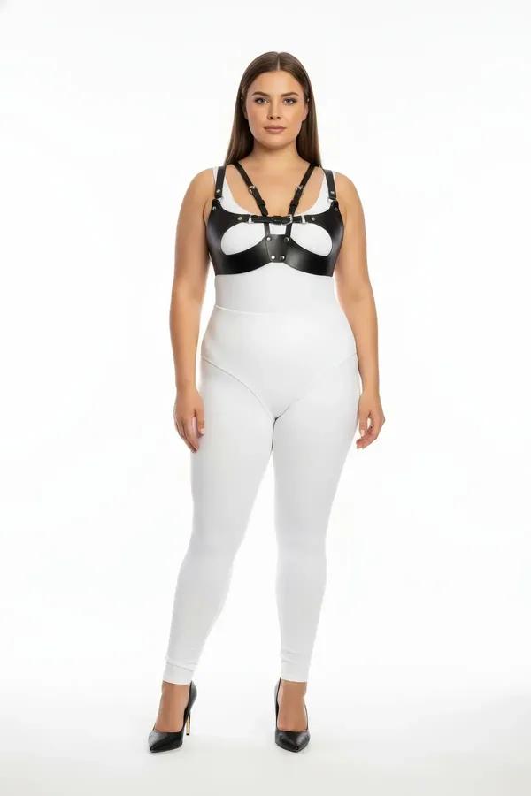 büyük beden siyah vegan deri harness takım açık kupa kafes tasarım gümüş metal toka