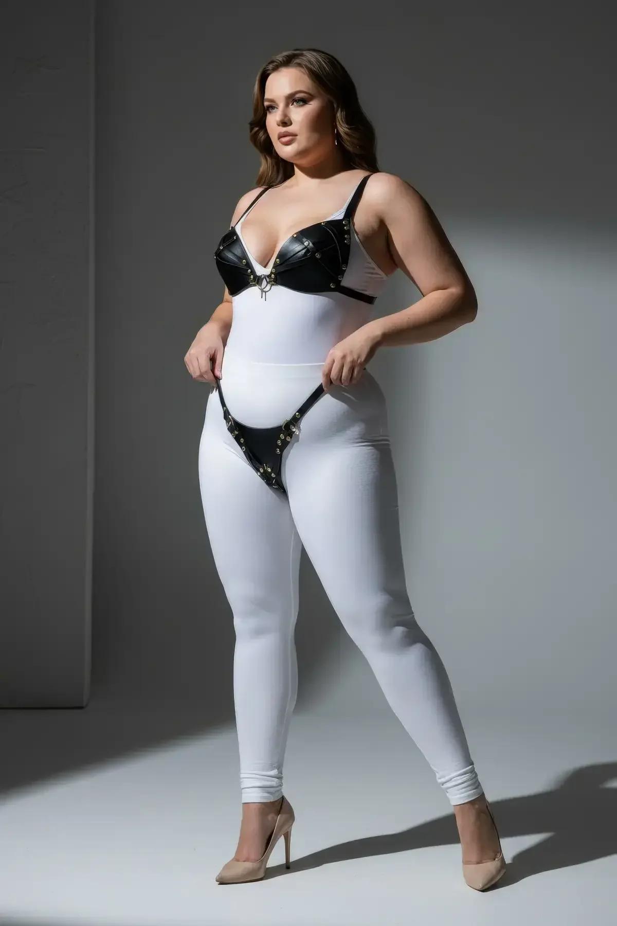 siyah PU vegan deri harness sütyen altın metal perçin ve merkezi O-halka yakın çekim