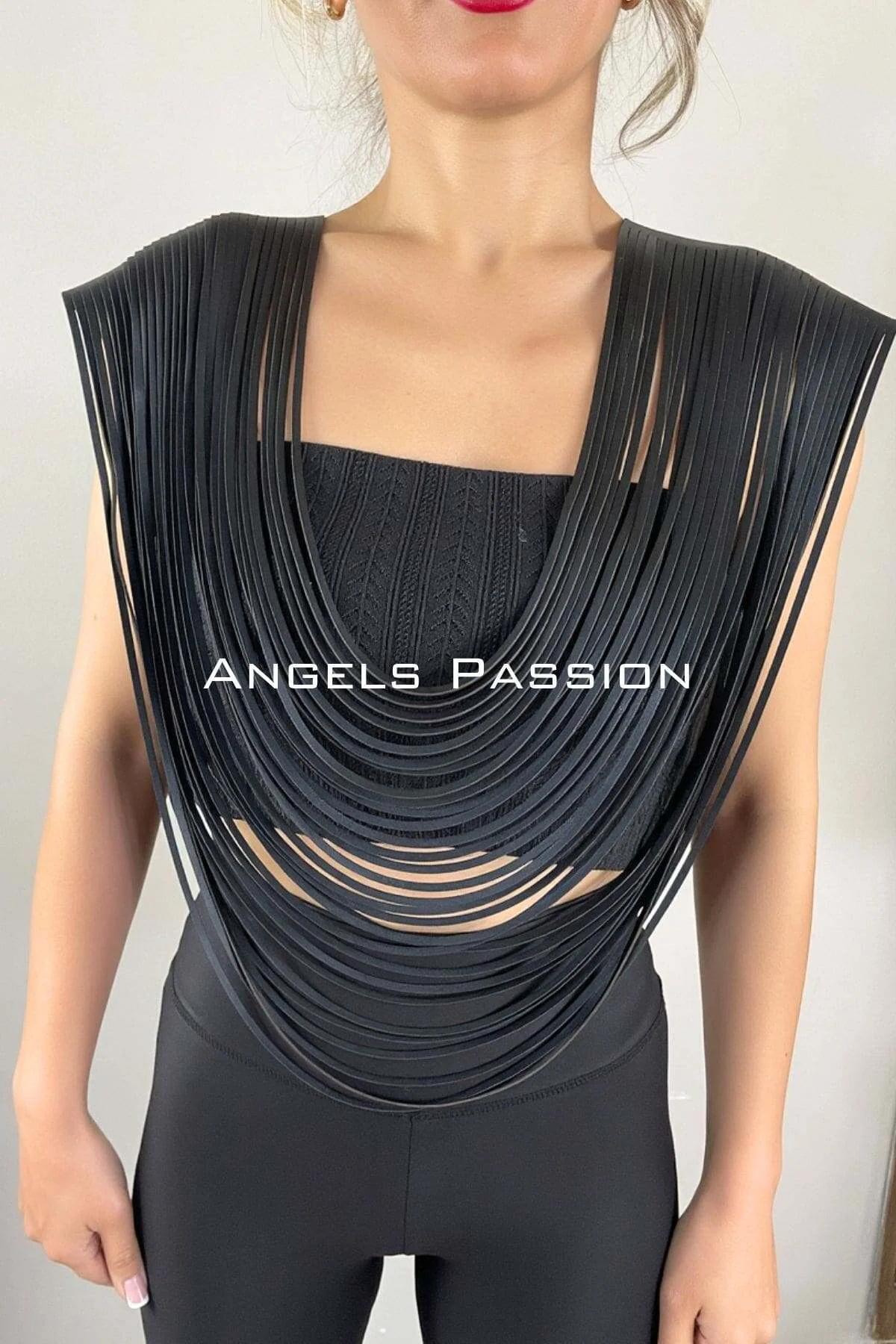 Side angle of black layered fringe shoulder harness showing strand movement and depth