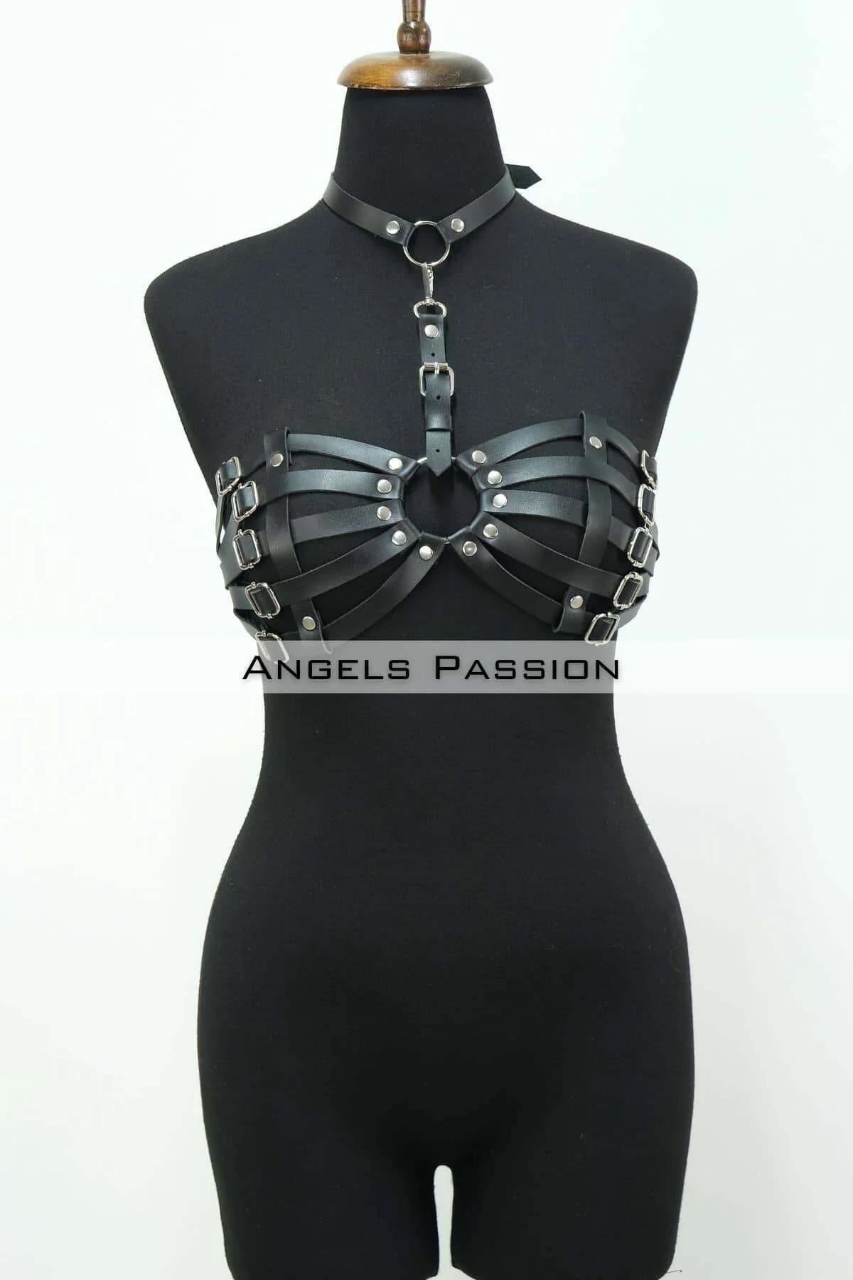 black faux leather caged chest harness bra with integrated choker silver O-ring and adjustable square buckle straps on manneq
