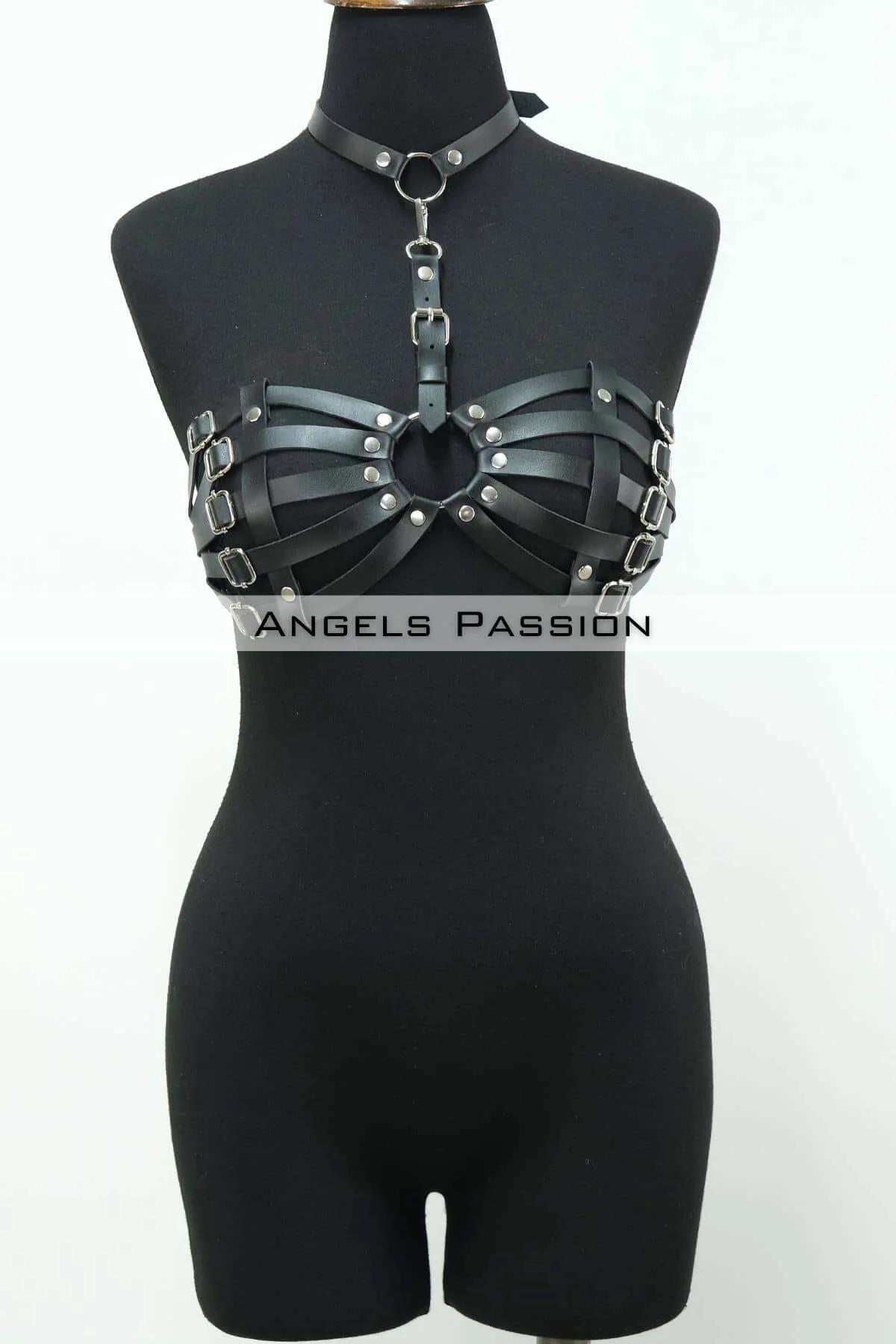 Caged Chest Harness Bra with Choker & O-Ring Details