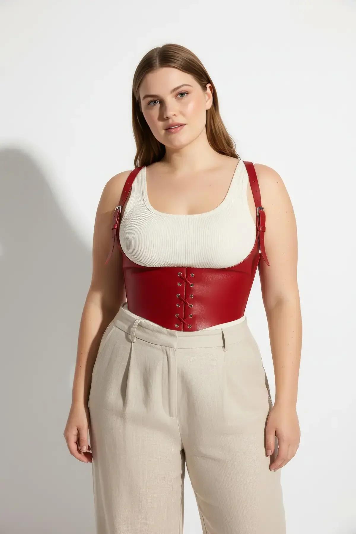 kırmızı bağcıklı korse harness bel detayı 12 cm bant yüksekliği