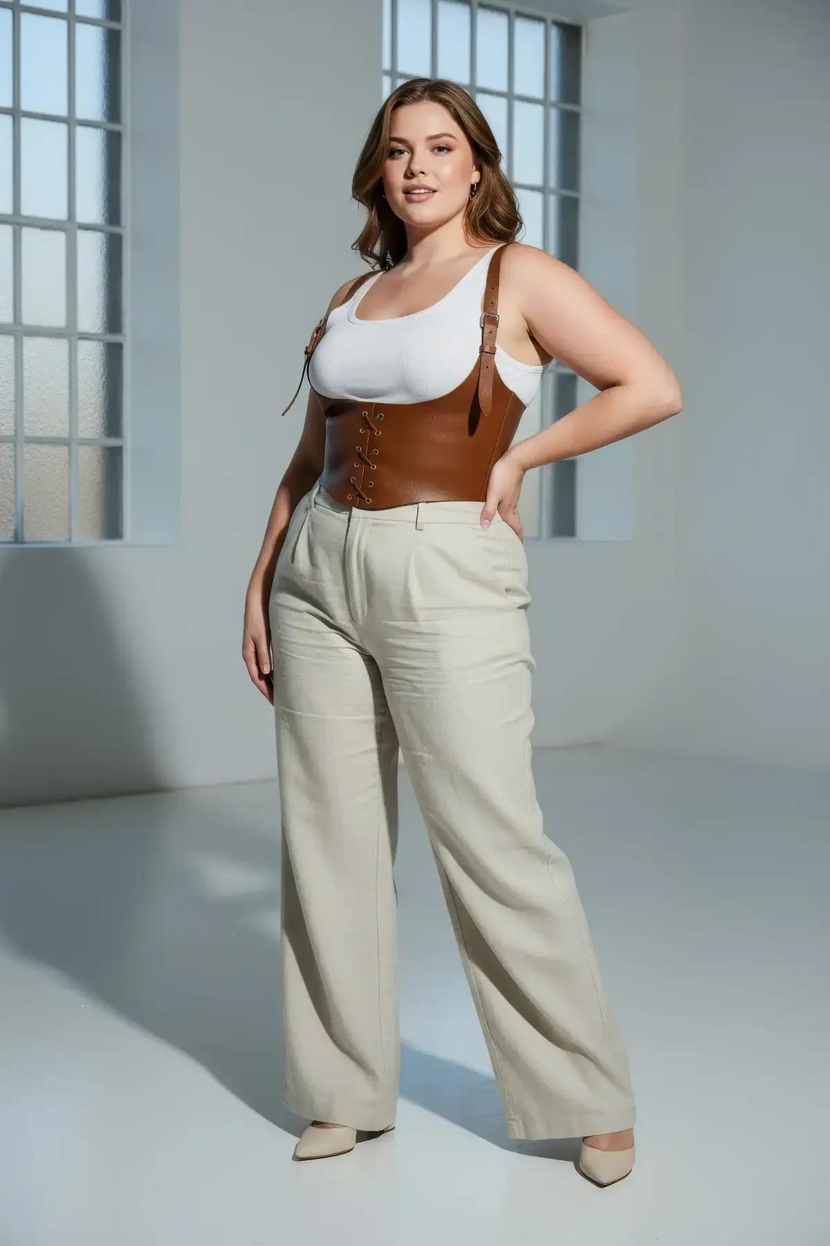 taba deri korse kemer bej pantolon beyaz body kombin büyük beden stili