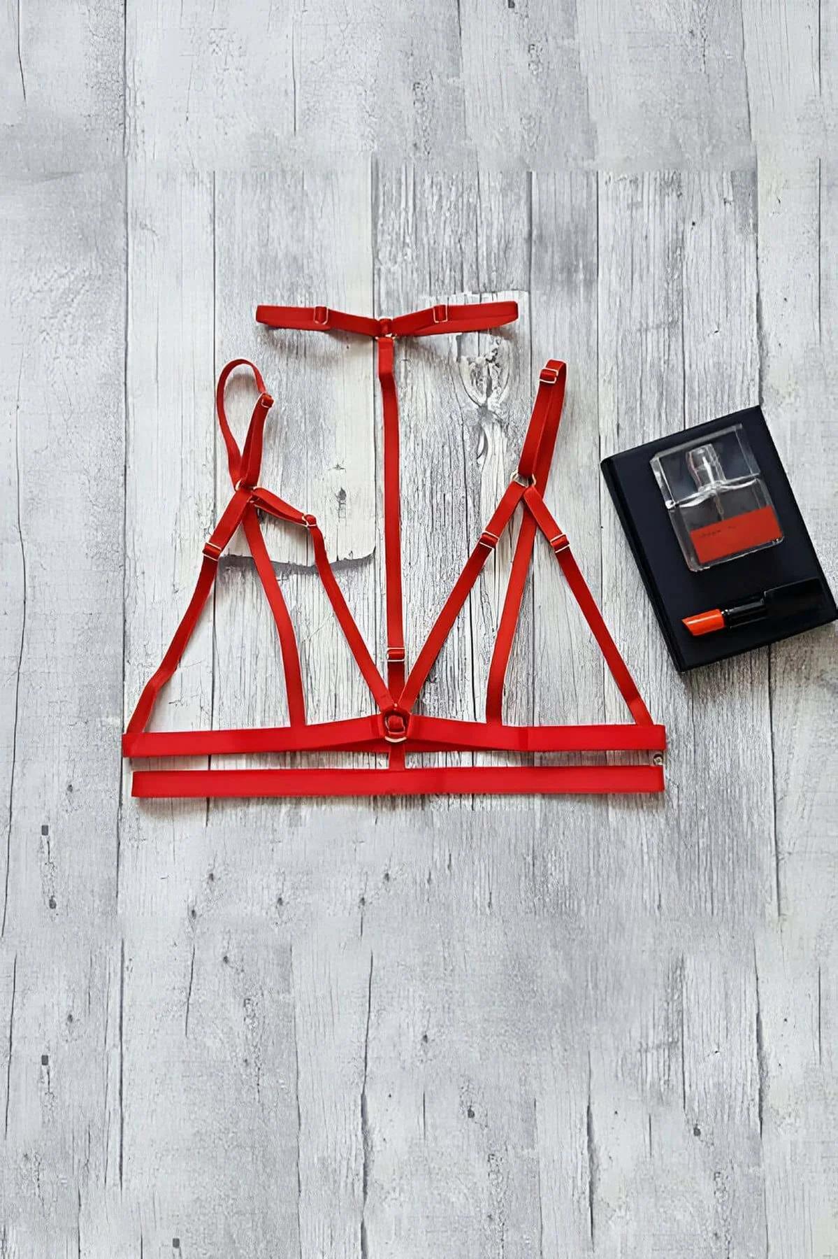 front view of red criss-cross strap harness with integrated O-ring neckline choker