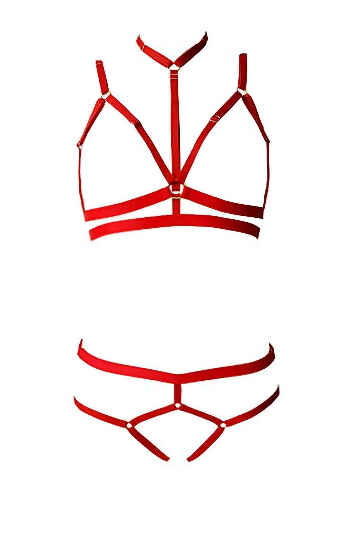 Black microfiber brief with red elastic garter strap and adjustable slider buckle detail