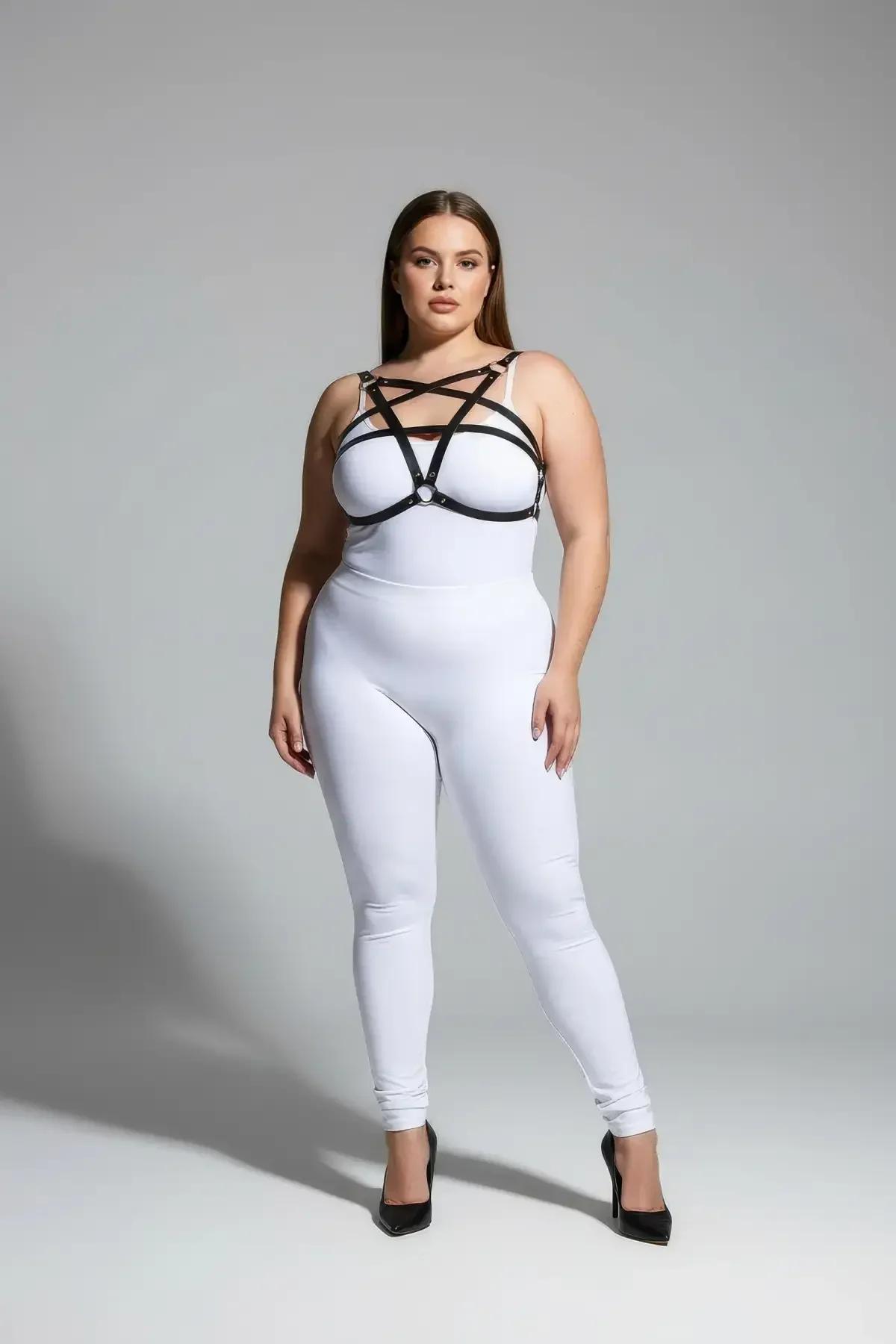 geometrik yıldız harness siyah vegan deri omuz askısı ayarlanabilir krom donanım