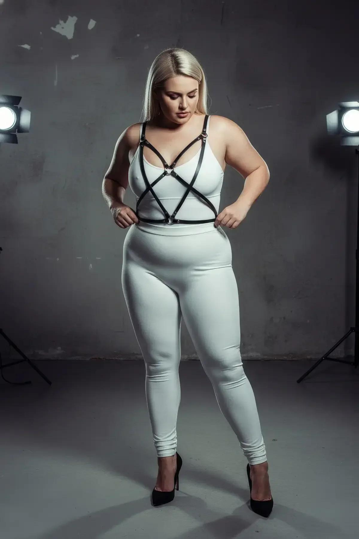 büyük beden model üzerinde siyah harness beyaz body kombini, önden tam boy görünüm