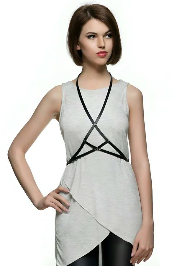 Black faux leather chest harness with slim cross straps and silver stud connector worn over grey sleeveless top