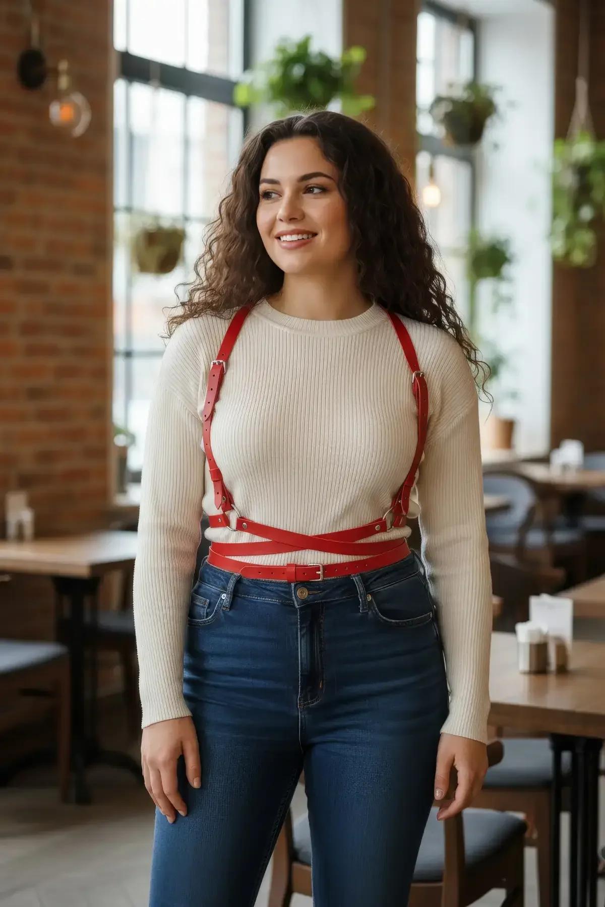 Büyük beden kırmızı vegan deri harness gümüş toka çapraz göğüs kayışı bel aksesuar