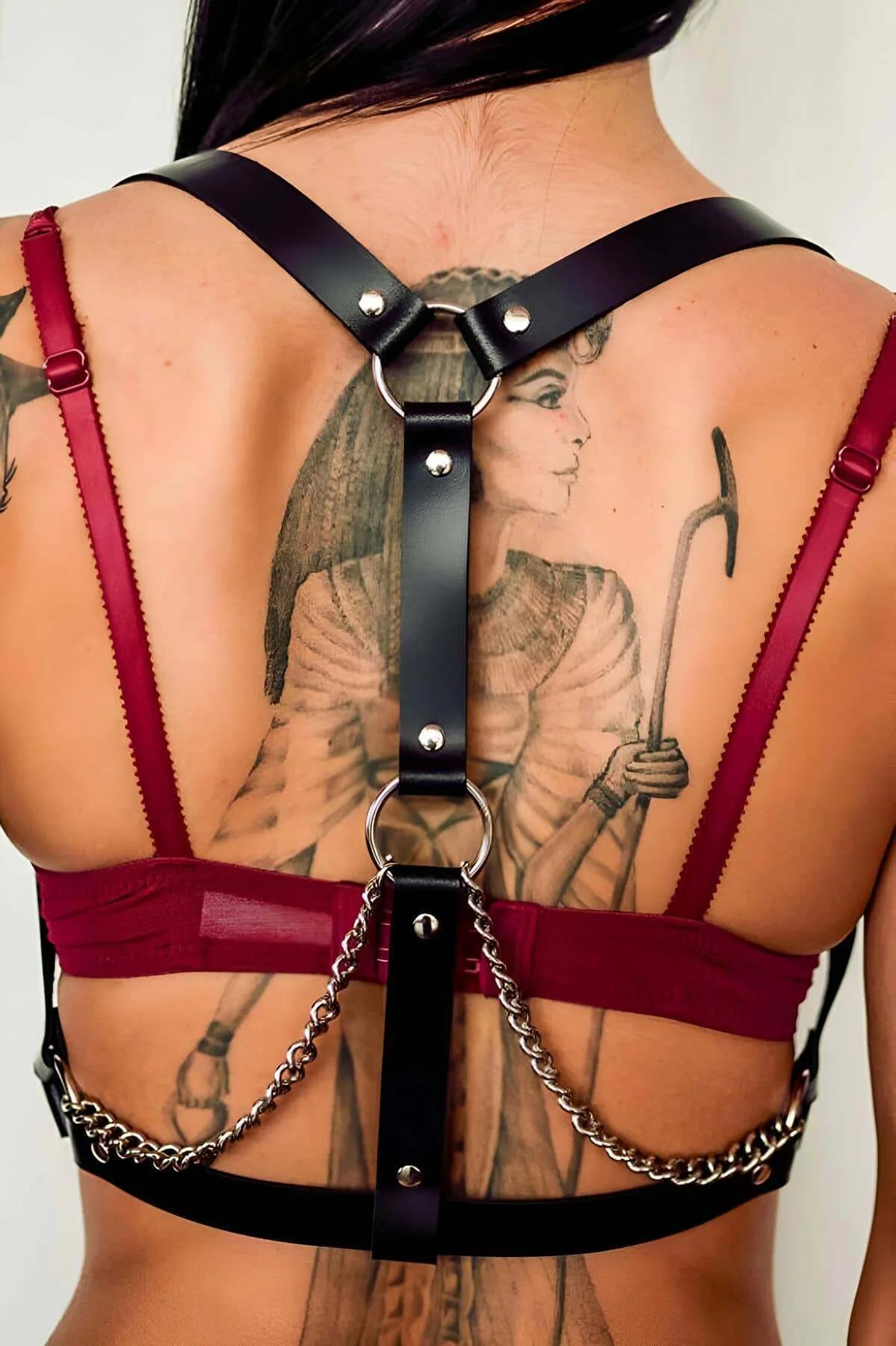 detachable gold-tone chain panel on black faux leather body harness mid-back
