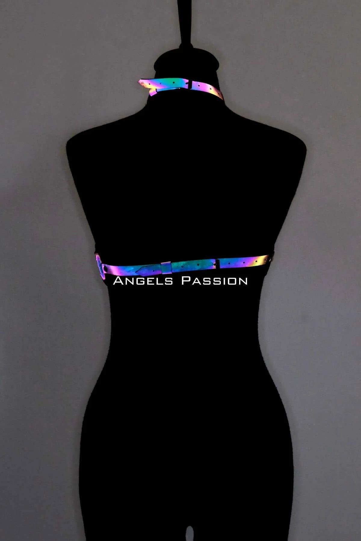 Holographic rave chest harness with choker connector strap, worn on mannequin showing full cage silhouette