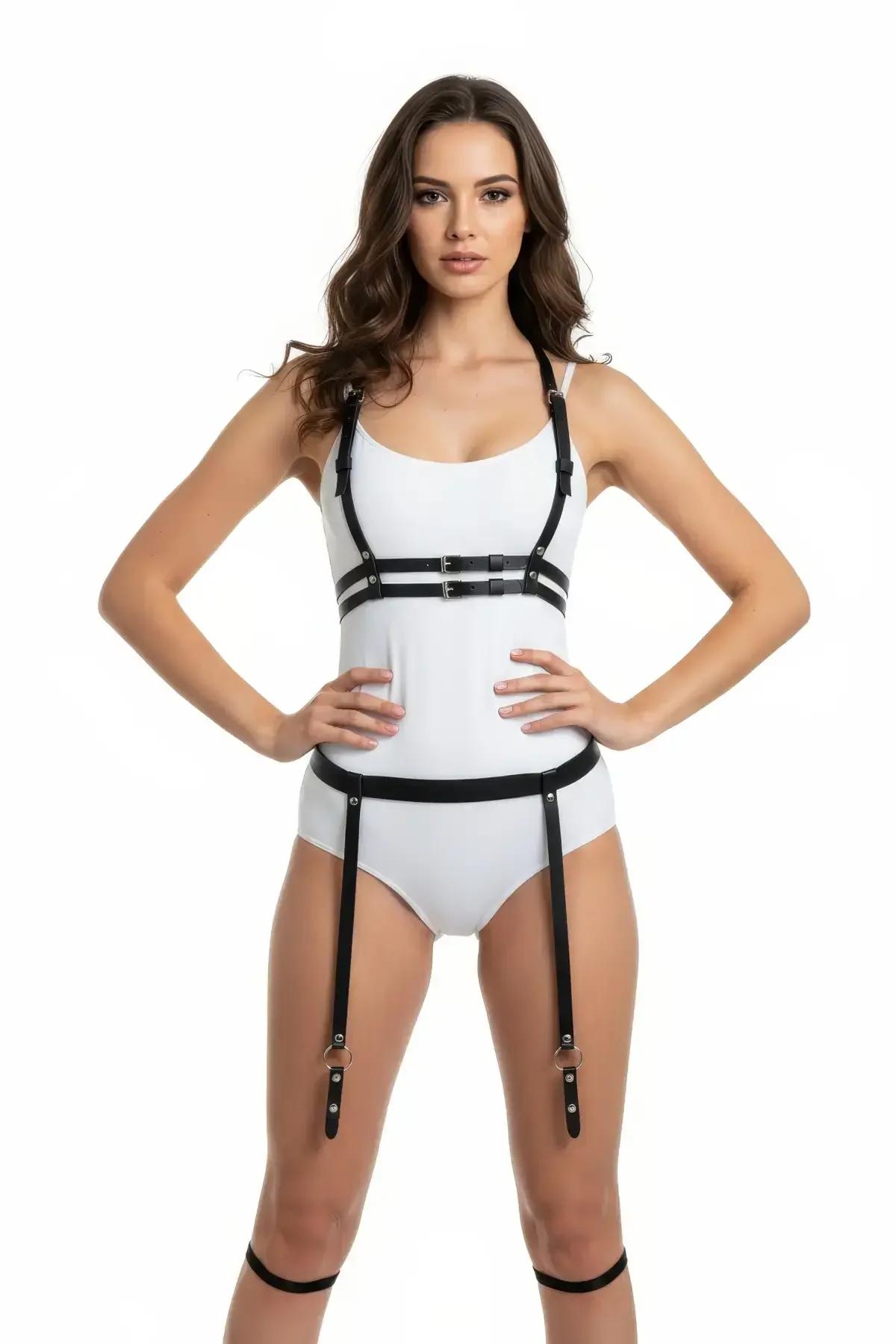 siyah harness bel kemeri ve uyluk bacak askısı yan görünüm