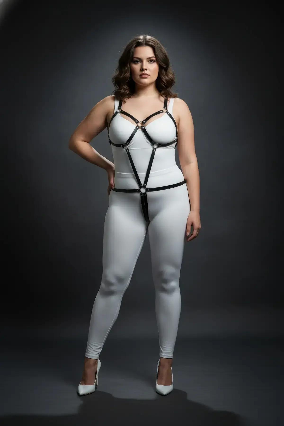 gümüş krom halkalı siyah harness bel kayışı geometrik tasarım