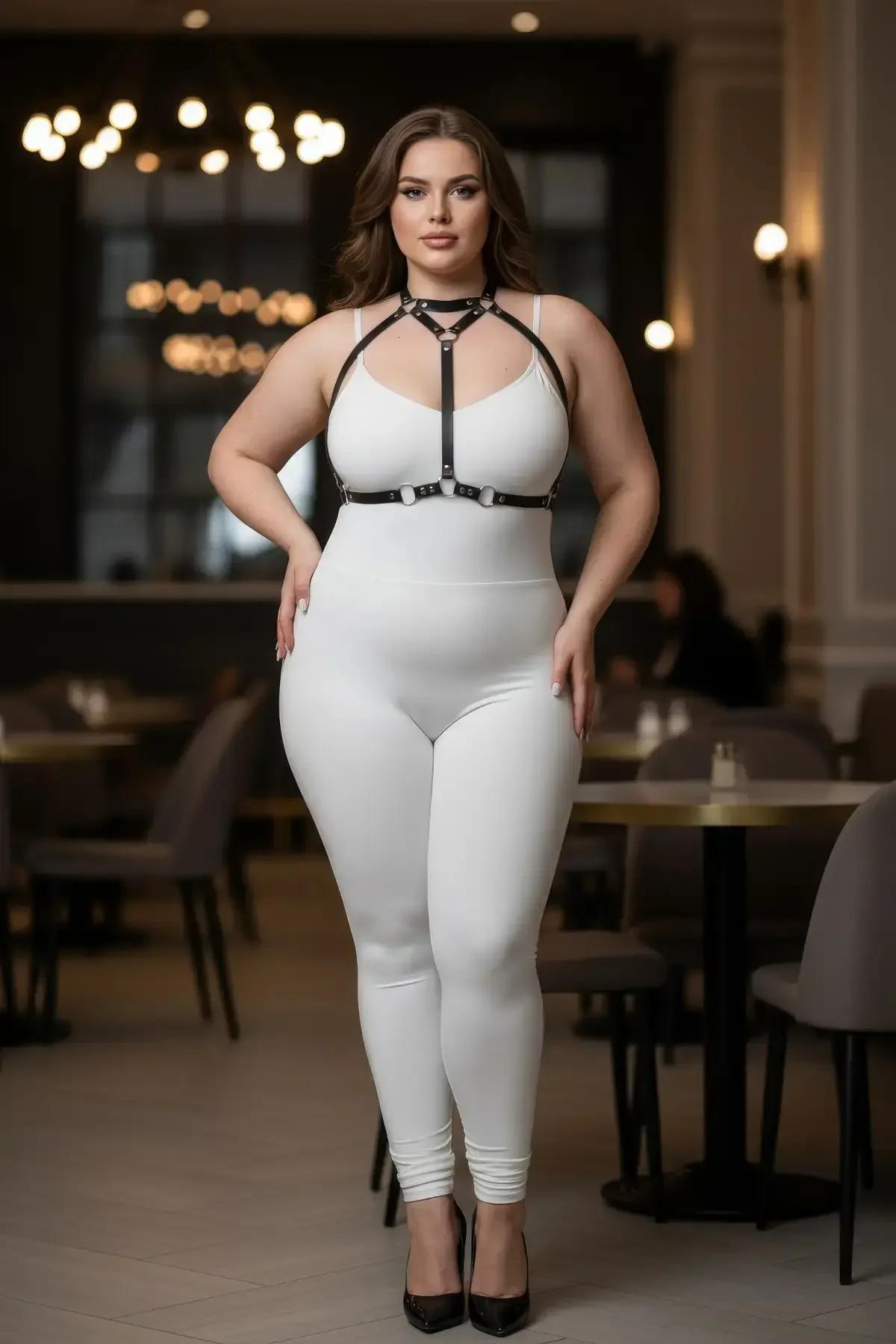 büyük beden siyah deri harness sırt görünüm açık sırtlı uyum