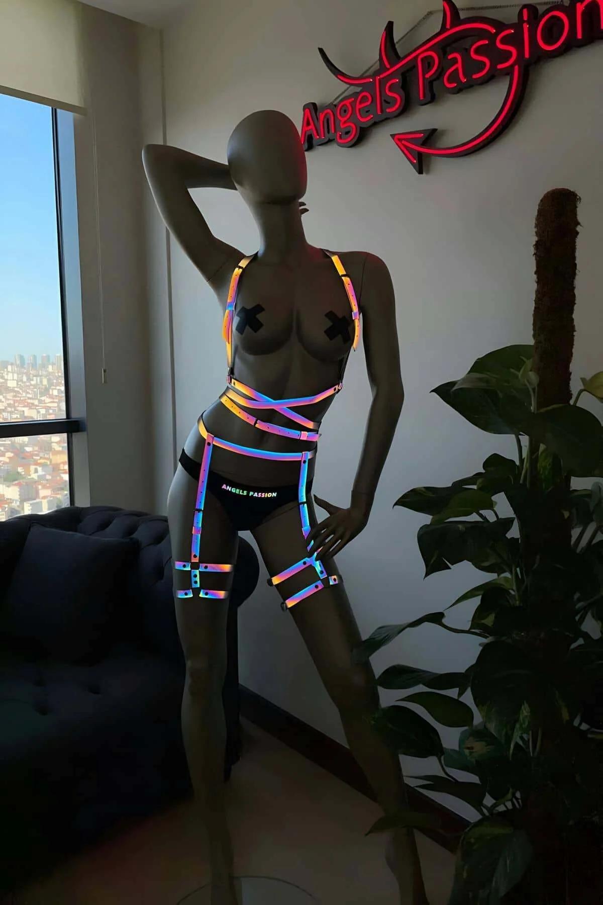 Rainbow reflective thigh band harness pair with matte silver O-ring hardware
