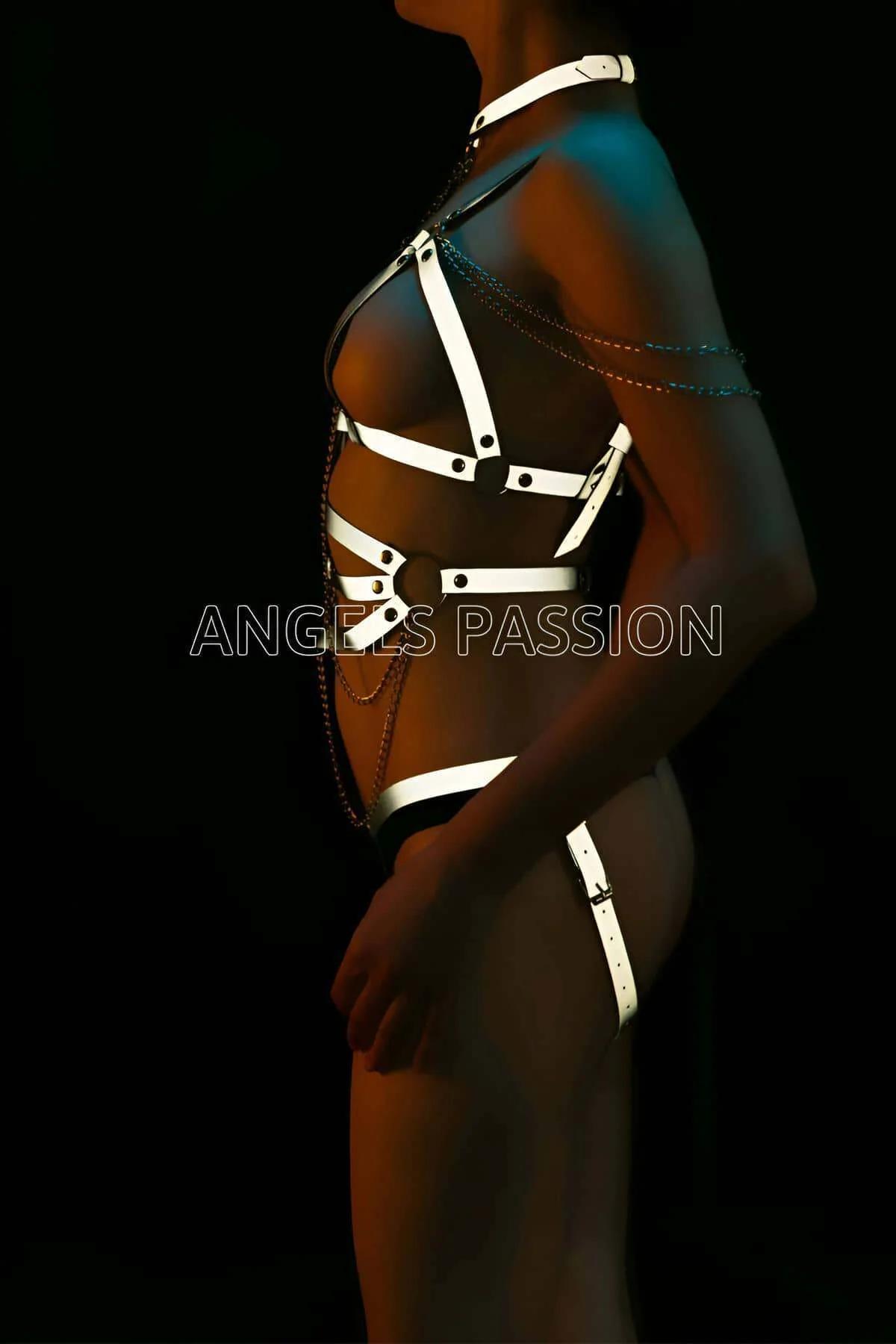Waistband section of white reflective vegan leather body harness with black snap closures