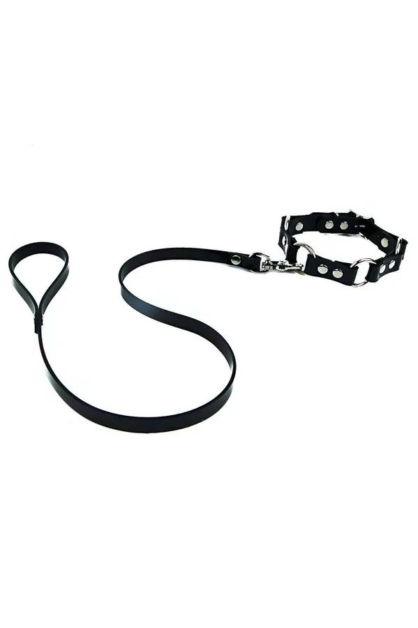 Black studded faux leather collar and leash set with silver dome studs and O-ring hardware