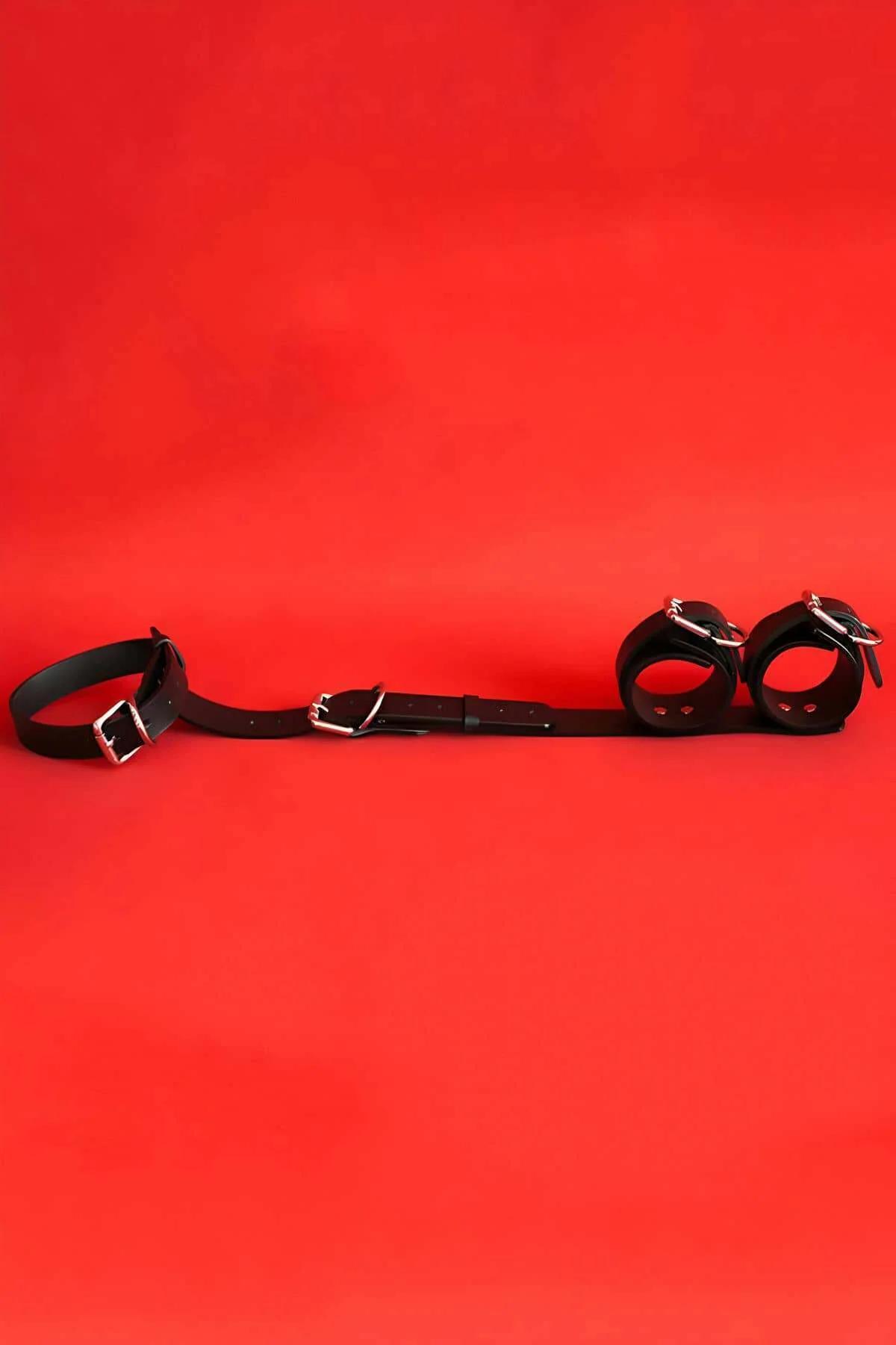 Black PU leather collar with silver buckle, front view, 3 cm wide band