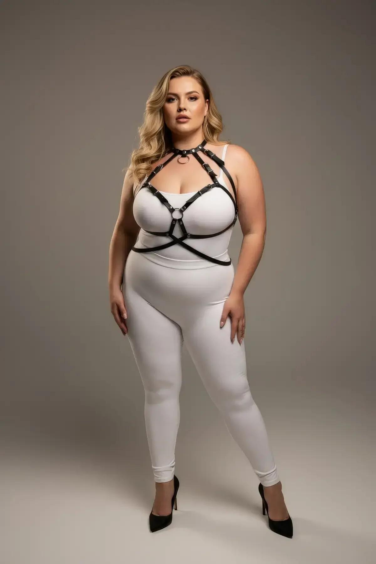 siyah PU harness boyunluk ve göğüs kafesi bantları altın toka detayı büyük beden